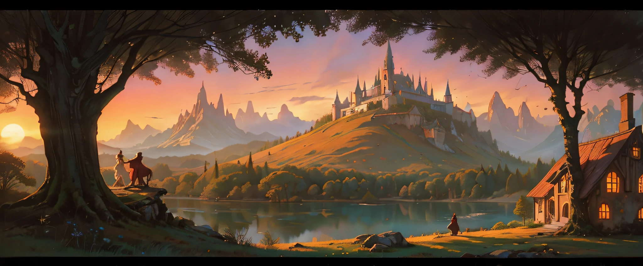 storybook art, fairy tale, romantic, pink sunset, cinderella in an enchanted forest, romantic atmosphere, intricate details minimalist, illustration art by Anton Pieck, Arthur Wesley Dow, Andy Kehoe, Artgerm, Greg Rutkowski, and Andreas Rocha