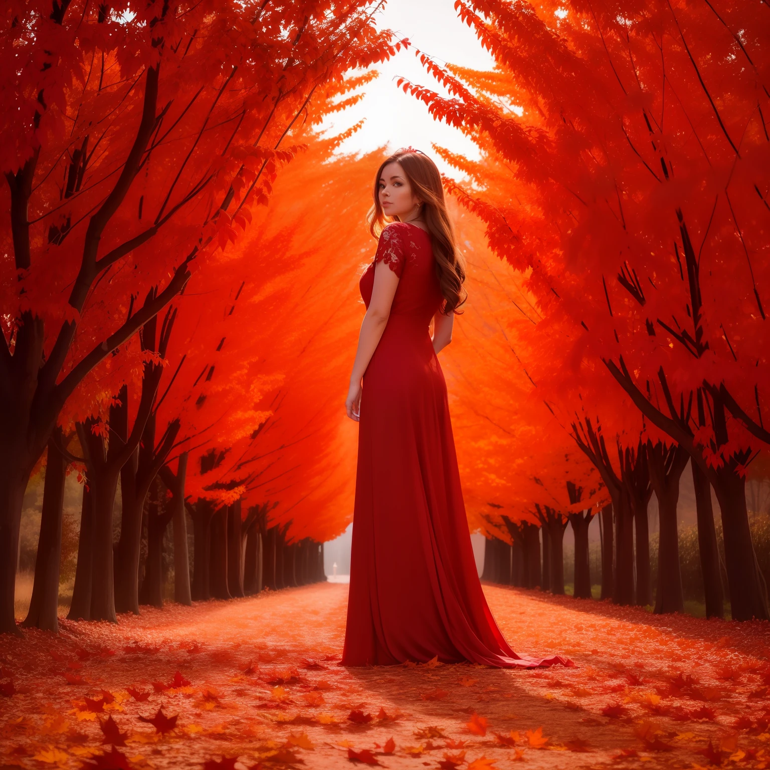 arafed woman in a red dress standing in front of a tree, covered in flame porcelain vine, autumnal empress, hair becoming autumn red leaves, red leaves, red adornments, in a red dream world, entwined in vines and nature, blood red leaves, red adornements, glowing red, goddess of autumn, red hues, beautiful autumn spirit