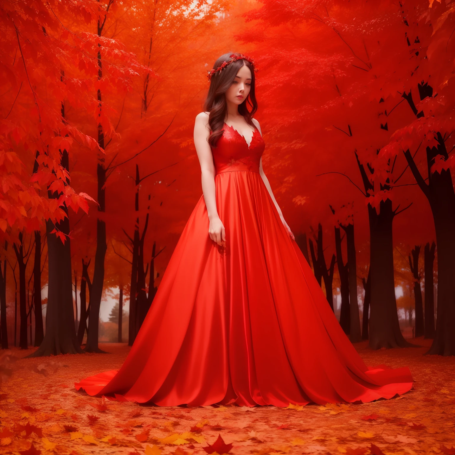 arafed woman in a red dress standing in front of a tree, covered in flame porcelain vine, autumnal empress, hair becoming autumn red leaves, red leaves, red adornments, in a red dream world, entwined in vines and nature, blood red leaves, red adornements, glowing red, goddess of autumn, red hues, beautiful autumn spirit