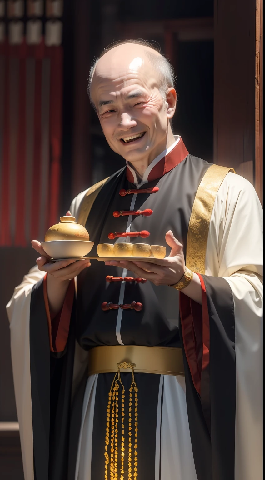 Han Chinese,A balding old man wearing a traditional Chinese cassock,Holding a handful of gold ingots,grin,red colour,jubilation,a cassock,Temple,k hd,真实感,超高分辨率,Prayer beads,fortune,fortune,Wishing you prosperity,money,