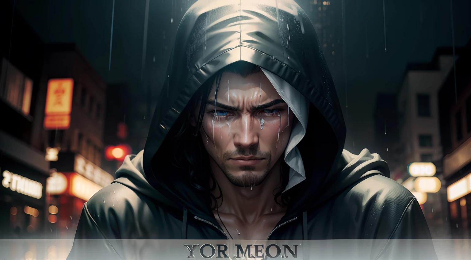 Hooded man crying in the rain on motivational video cover