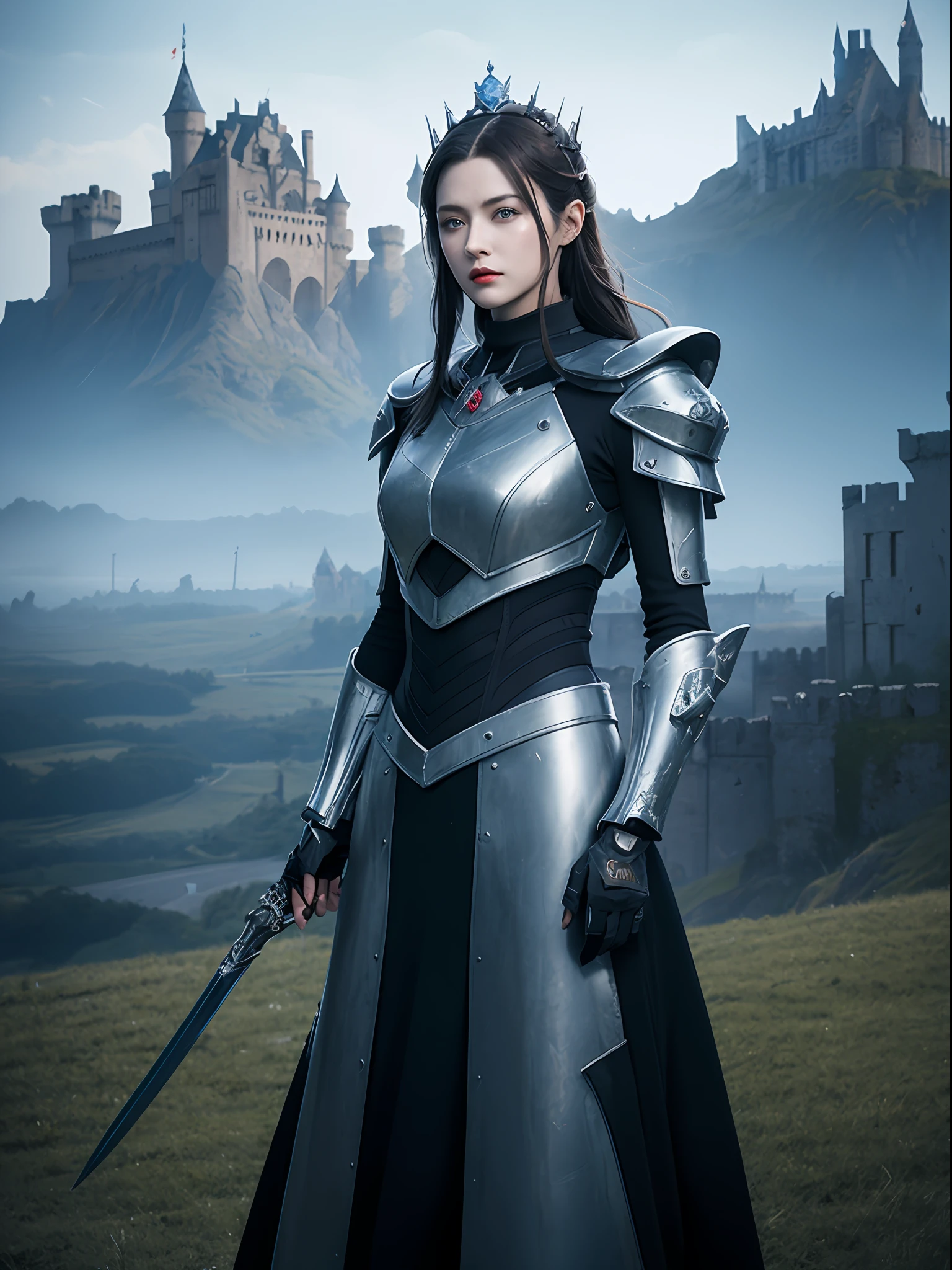 Masterpiece, best quality, high resolution, 8K, Portrait, realistic photo,（ Combining clothes with Korean fashion designs），Digital photography, full body, 1 16 year old girl, (cyborg), beautiful blue gray gradient long hair, blue eyes, intricate, elegant, Highly detailed, Evil Crown, Black dress, （（holding a sword））,silver metal exoskeleton armor, ,power armor, cutout design, Mechanical structure, photo pose, solemn,, red lips, From the game Final Fantasy XV.Metallic texture, oc rendering，Reflective texture, ((Clothing cutting)), ((With castles and dragon in the background))dragon flight，