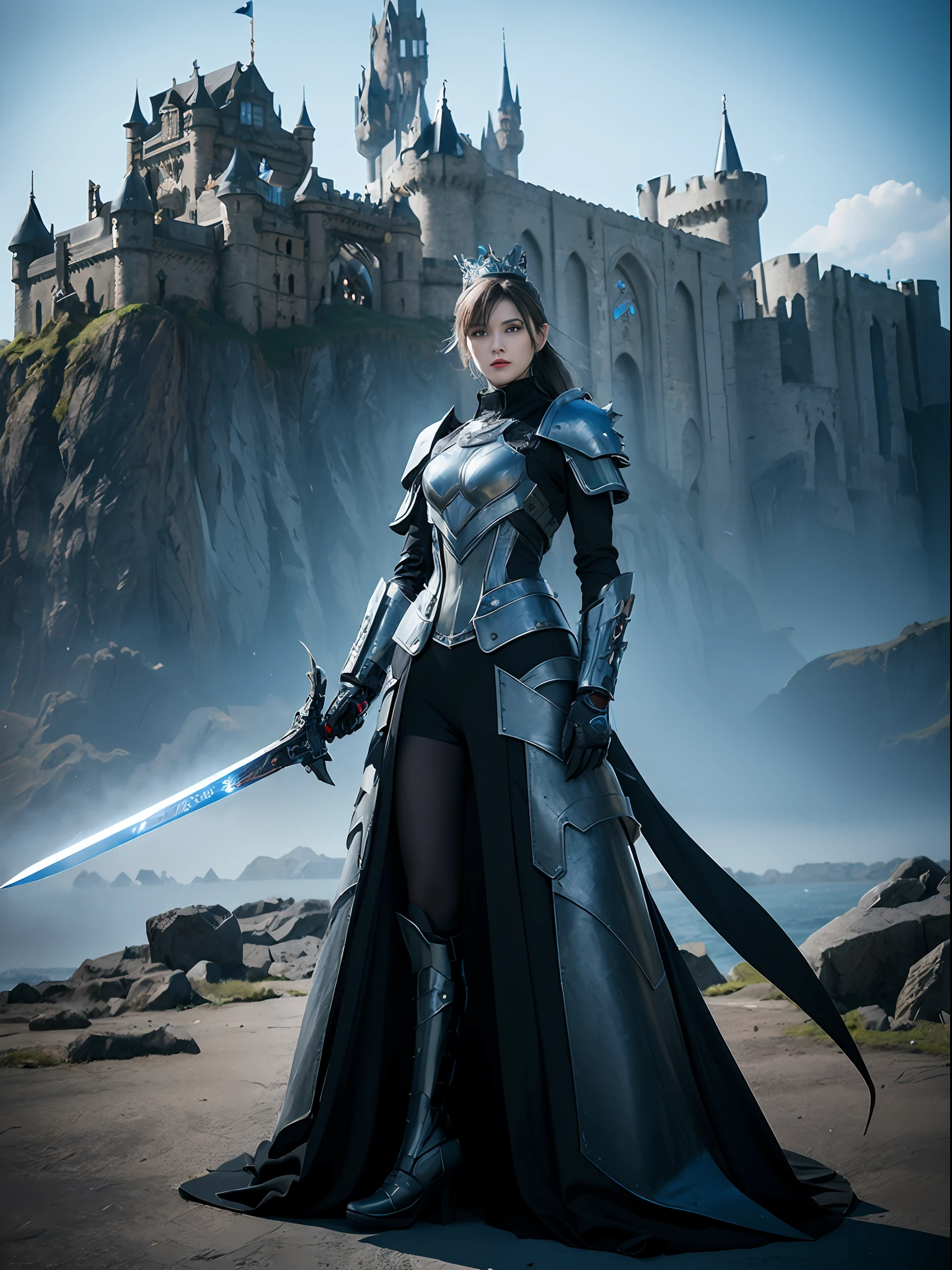 Masterpiece, best quality, high resolution, 8K, Portrait, realistic photo,（ Combining clothes with Korean fashion designs），Digital photography, full body, 1 16 year old girl, (cyborg), beautiful blue gray gradient long hair, blue eyes, intricate, elegant, Highly detailed, Evil Crown, Black dress, （（holding a sword））,silver metal exoskeleton armor, ,power armor, cutout design, Mechanical structure, photo pose, solemn,, red lips, From the game Final Fantasy XV.Metallic texture, oc rendering，Reflective texture, ((Clothing cutting)), ((With castles and dragon in the background))dragon flight，