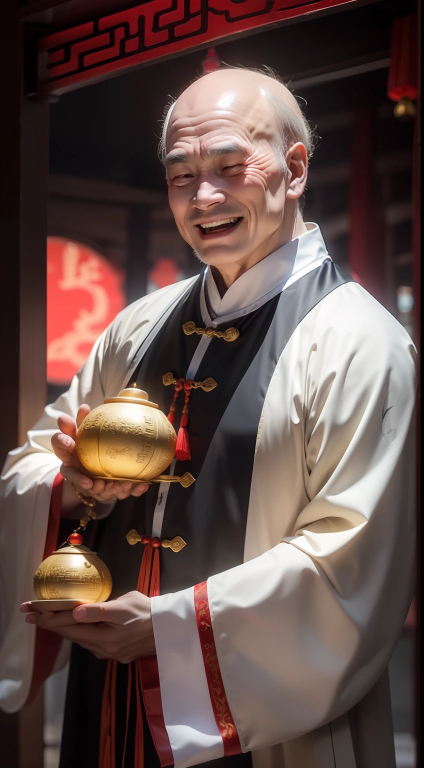 Han Chinese,A balding old man wearing a traditional Chinese cassock,Holding a handful of gold ingots,grin,red colour,jubilation,a cassock,Temple,k hd,真实感,超高分辨率,Prayer beads,fortune,fortune,Wishing you prosperity,money,