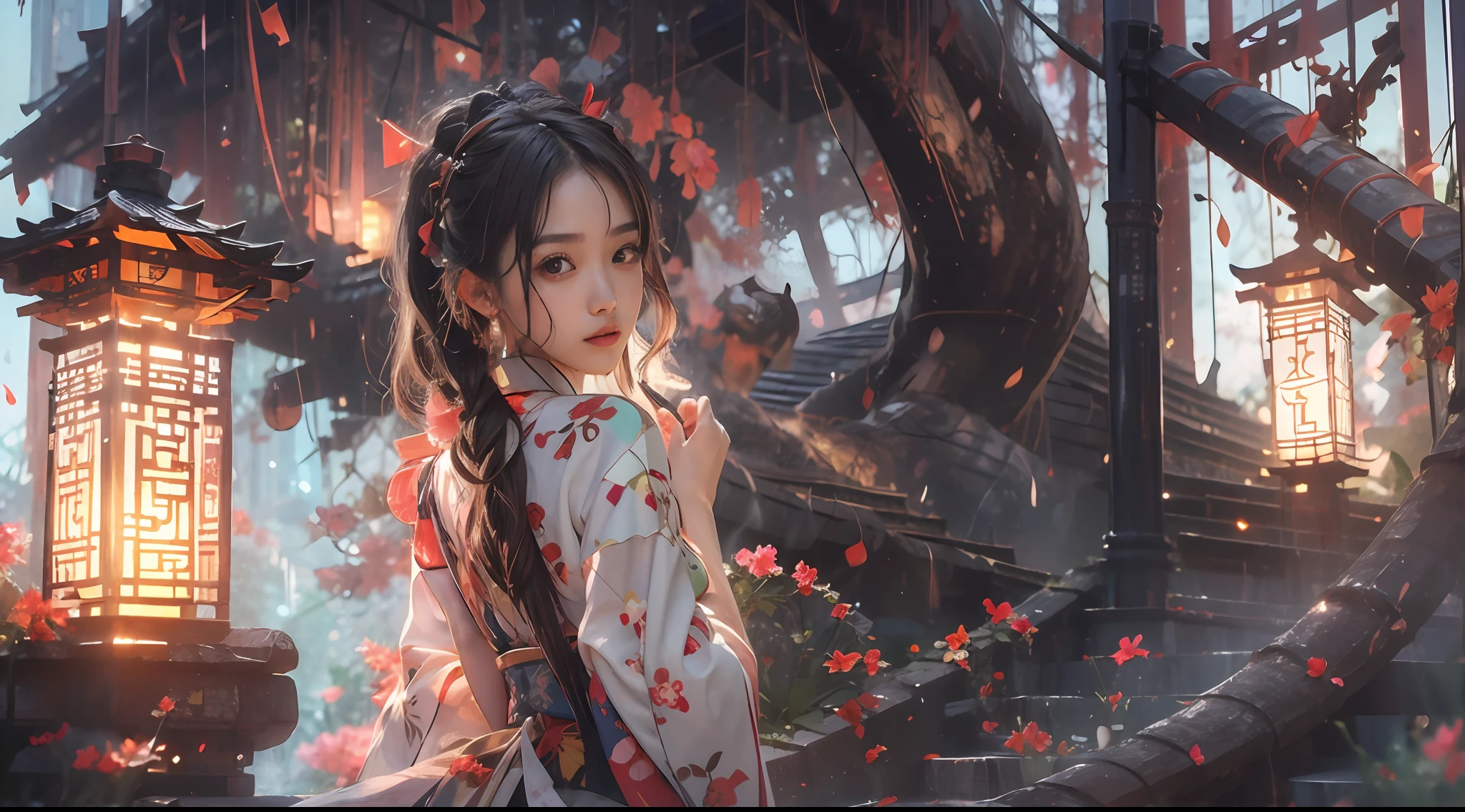 (tmasterpiece:1.2),best qualtiy,realisticlying,Tyndall effect,Underworld marriage,natta, Lanterns, The tree, scenecy, exteriors, 1boys, 独奏, brunette color hair, Japanese clothes, from back, malefocus, standing on your feet, east asian architecture, buliding, Skysky, nigh sky, stairways, back,