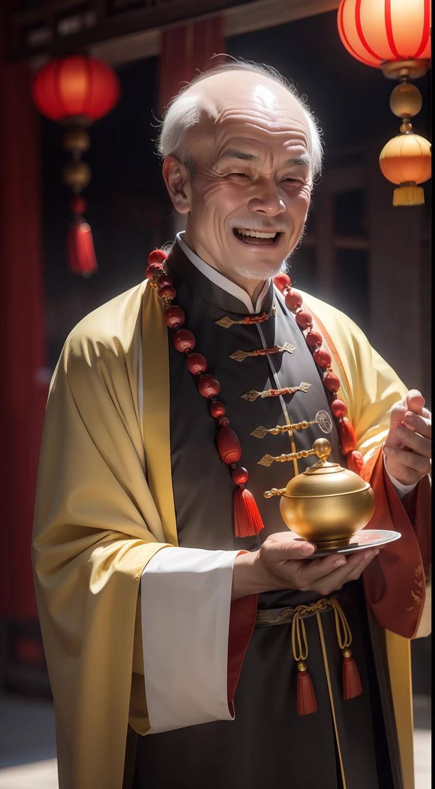Han Chinese，A balding old man wearing a traditional Chinese cassock，Holding a handful of gold ingots，grin，red colour，jubilation，a cassock，Temple，k hd，真实感，超高分辨率，Prayer beads，fortune，fortune，Wishing you prosperity，money，