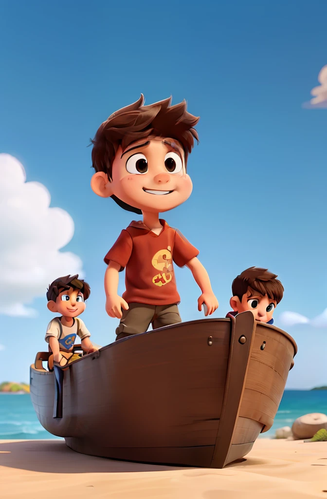 Draw an animated scene of a boy with his friends on a cardboard ship, in a fun cartoon animation. Vestido pirata
