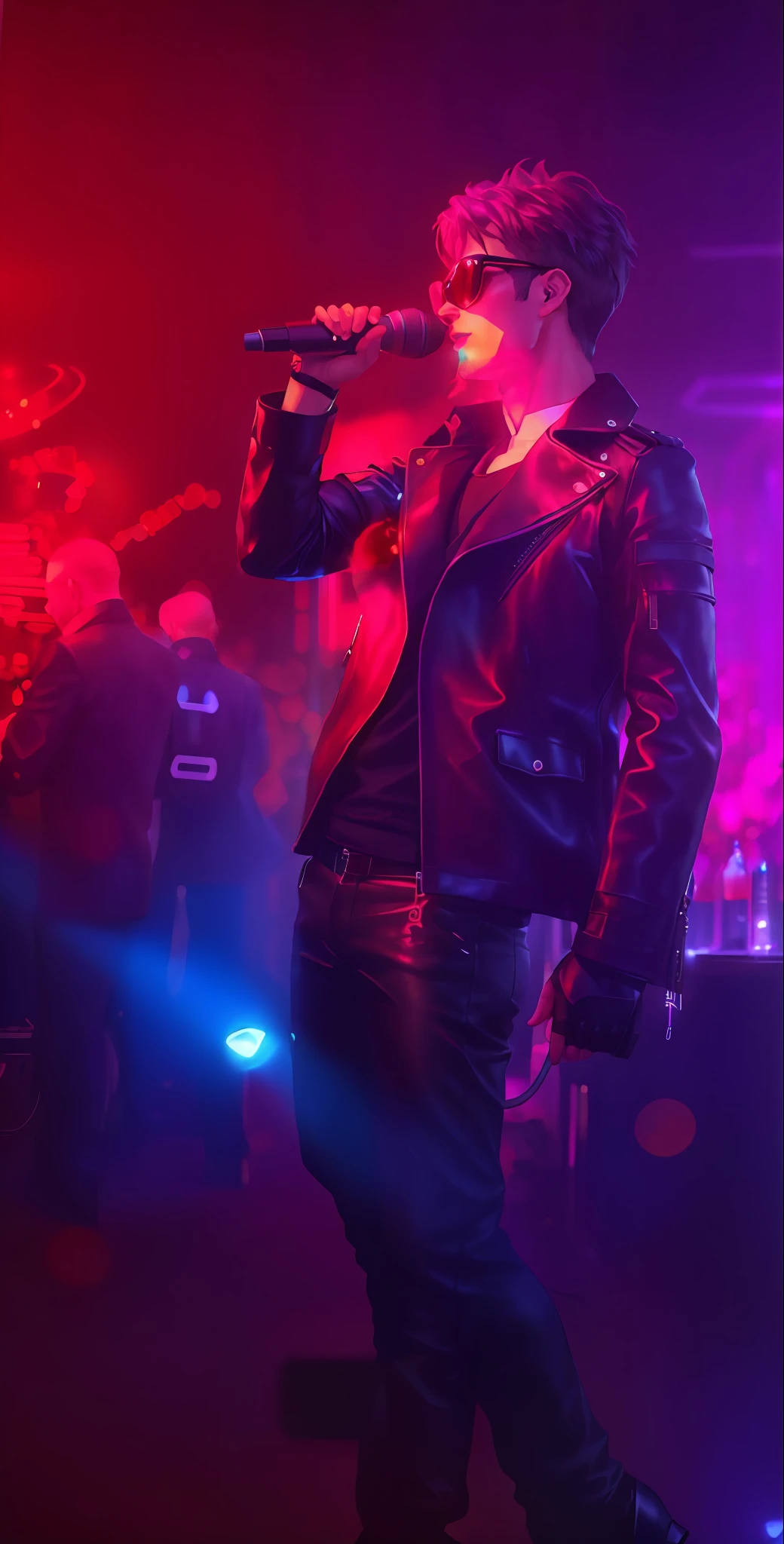 "BiophyllTech presents an awe-inspiring utopia where bioluminescent wonders unfold. A vocalist figure, with a distinctive blue skin, is seen gracefully holding a microphone." there is a man that is singing into a microphone in a room, red lighting on their faces, black leather clothes, wearing cyberpunk leather jacket, reflecting light in a nightclub, thriller atmosphere, antichrist dancing at studio 54, black leather costume, taken in night club, in a nightclub, dressed in leather jacket, gopnik in a black leather jacket, wearing sun glasses with leds lights frontal, wearing black leather gloves