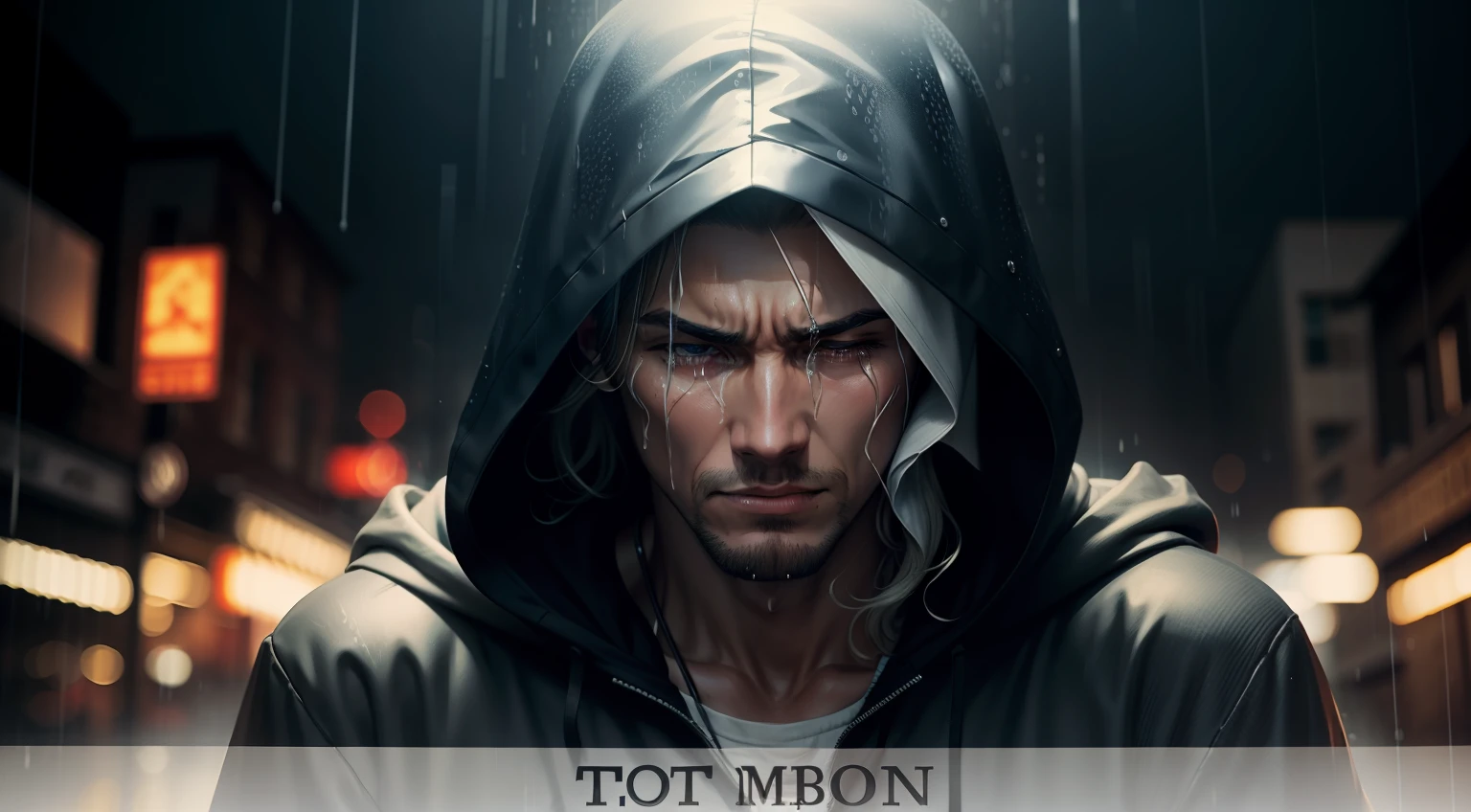 Hooded man crying in the rain on motivational video cover