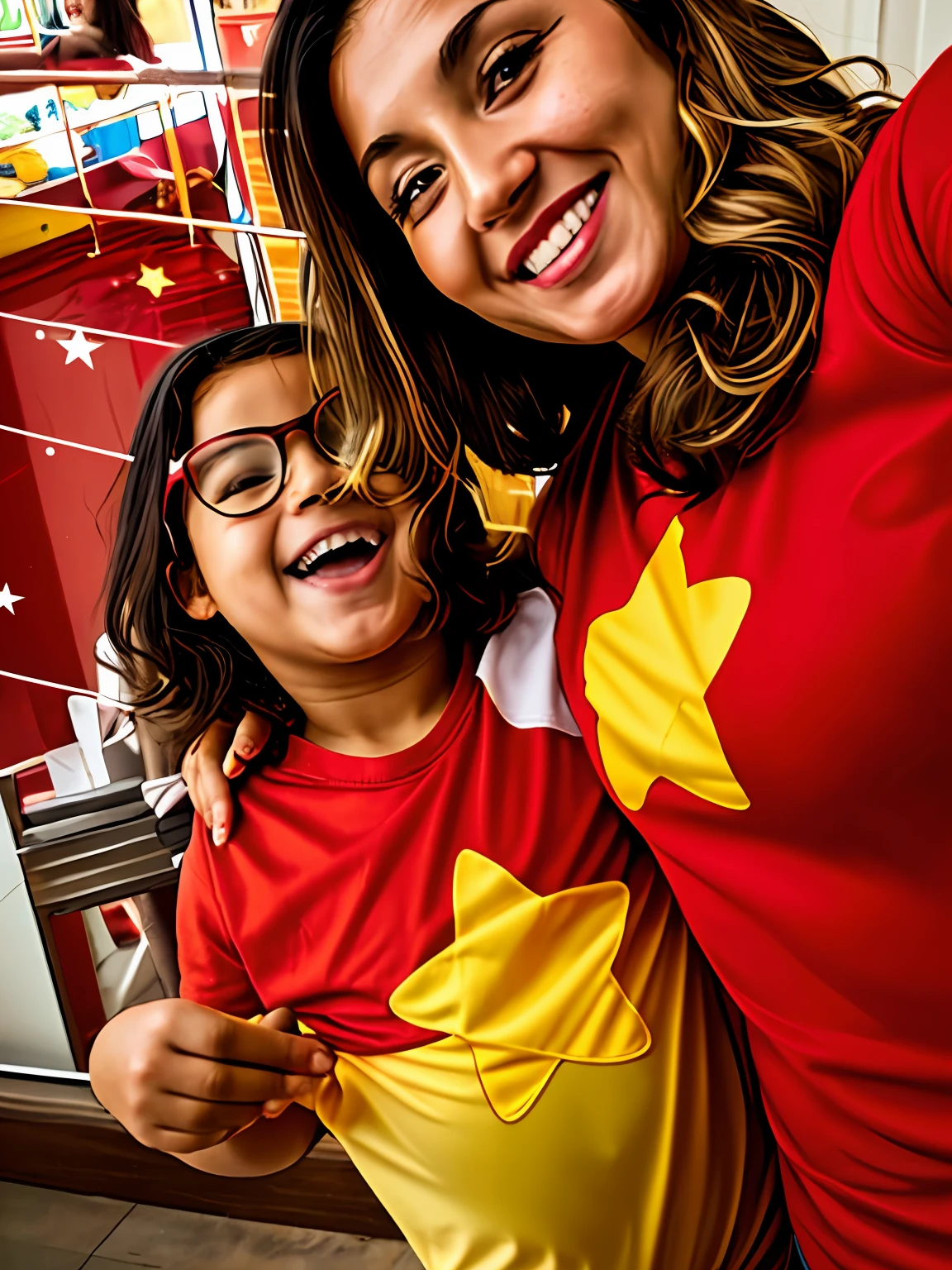 There is a woman and a child in red shirts posing for a photo, wearing red and yellow hero suit, vestindo roupas vermelhas e amarelas, wearing hero costume, foto de perfil, com estrelas, foto do perfil, with a kid, camisa preta com estrela vermelha, posing like a superhero, tirado em um iphone, imagem de perfil, Capturado no iPhone, candid picture, with a happy expression