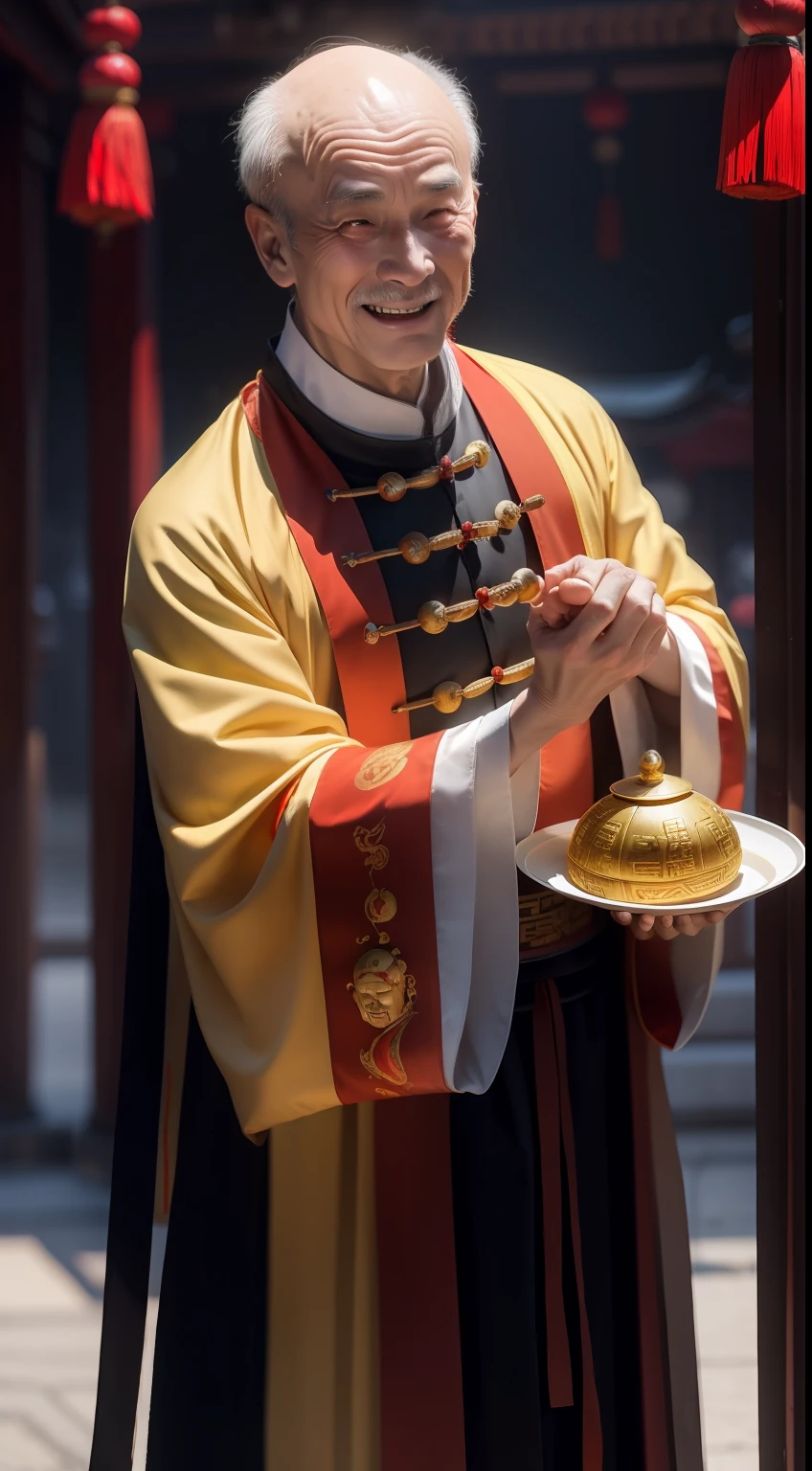 Han Chinese，A balding old man wearing a traditional Chinese cassock，Holding a handful of gold ingots，grin，red colour，jubilation，a cassock，Temple，k hd，真实感，超高分辨率，Prayer beads，fortune，fortune，Wishing you prosperity，money，