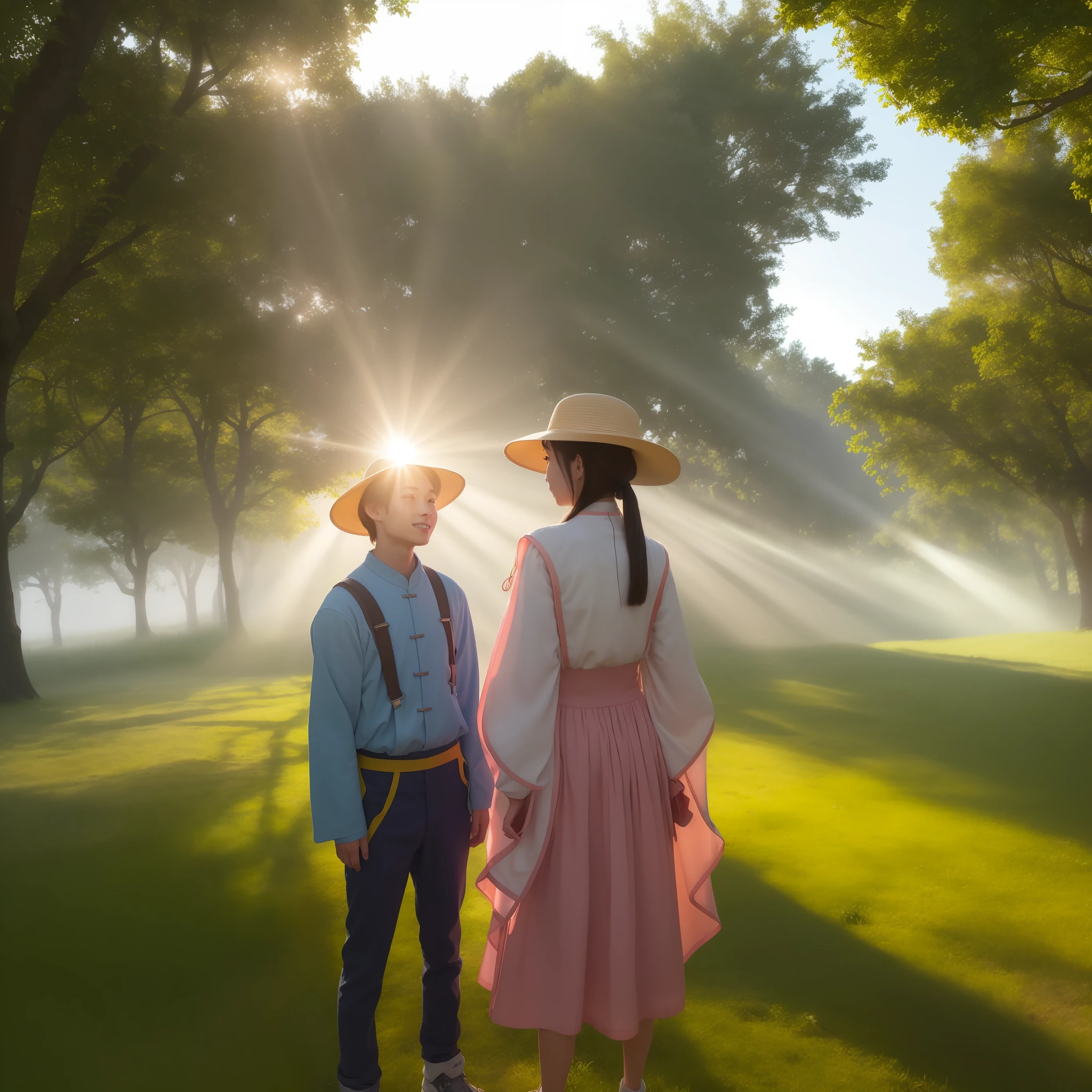 one-girl, A boy with，Dingdall effect， Sunlight shines through tree poles，Girl Chinese pink outfit，The background is uneven，Girls stand 50 cm taller than boys，People take up half of the picture，frontage，bucket-hat，summertime，High hills，Rustic，winking，ssmile， full bodyesbian，Back against trees，rays of sunshine， Clear face，stare，Look at each other affectionately， tmasterpiece， super detailing， Epic composition， hyper HD， high qulity， extremely detaile， offcial art， 8k wallpaper， super detailing， 32k -- v 6