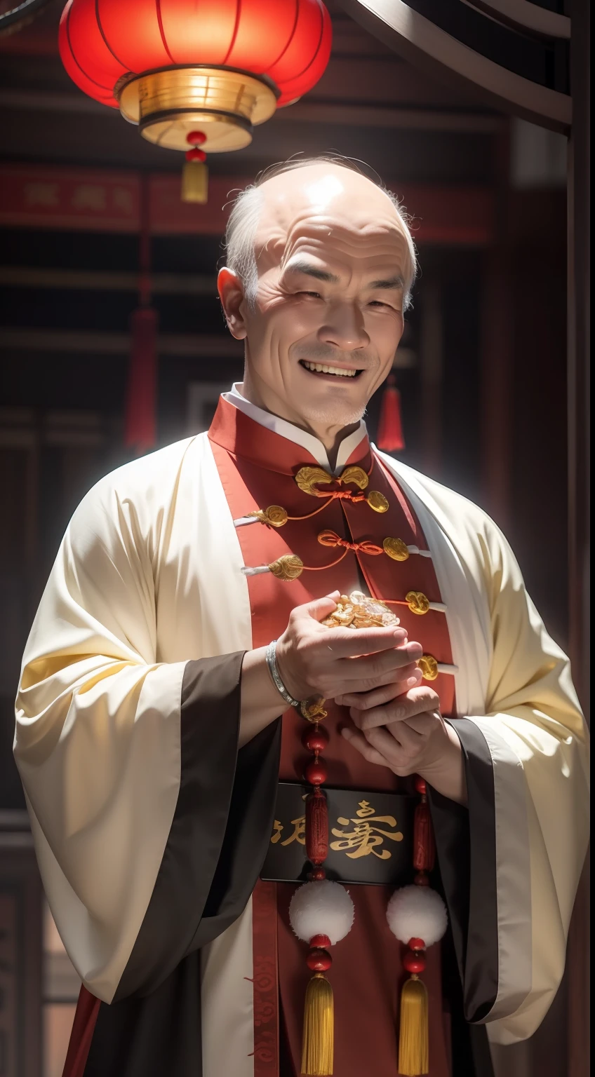 Han Chinese,A balding old man wearing a traditional Chinese cassock,Holding a handful of gold ingots,grin,red colour,jubilation,a cassock,Temple,k hd,真实感,超高分辨率,Prayer beads,fortune,fortune,Wishing you prosperity,money,