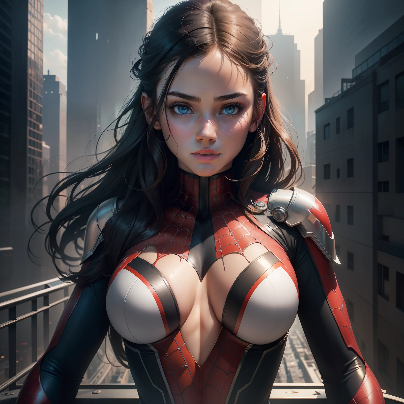 (1girl:1.3), Solo, (((Very detailed face)))), ((Very detailed eyes and face)))), Beautiful detail eyes, Body parts__, Official art, Unified 8k wallpaper, Super detailed, beautiful and beautiful, beautiful, masterpiece, best quality, original, masterpiece, super fine photo, best quality, super high resolution, realistic realism, sunlight, full body portrait, amazing beauty, dynamic pose, delicate face, vibrant eyes, (from the front), She wears Spider-Man suit, red and black color scheme, spider, very detailed city roof background, rooftop, overlooking the city, detailed face, detailed complex busy background, messy, gorgeous, milky white, highly detailed skin, realistic skin details, visible pores, clear focus, volumetric fog, 8k uhd, DSLR, high quality, film grain, fair skin, photo realism, lomography, futuristic dystopian megalopolis, translucent