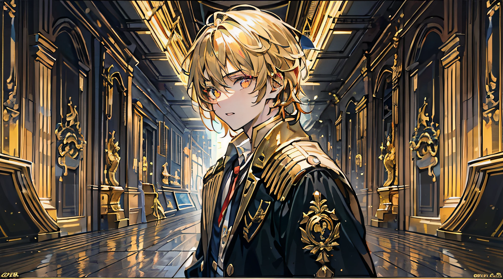 A 20-year-old boy,Golden hair,Golden pupils,Inside the corridor,front portrait,8K