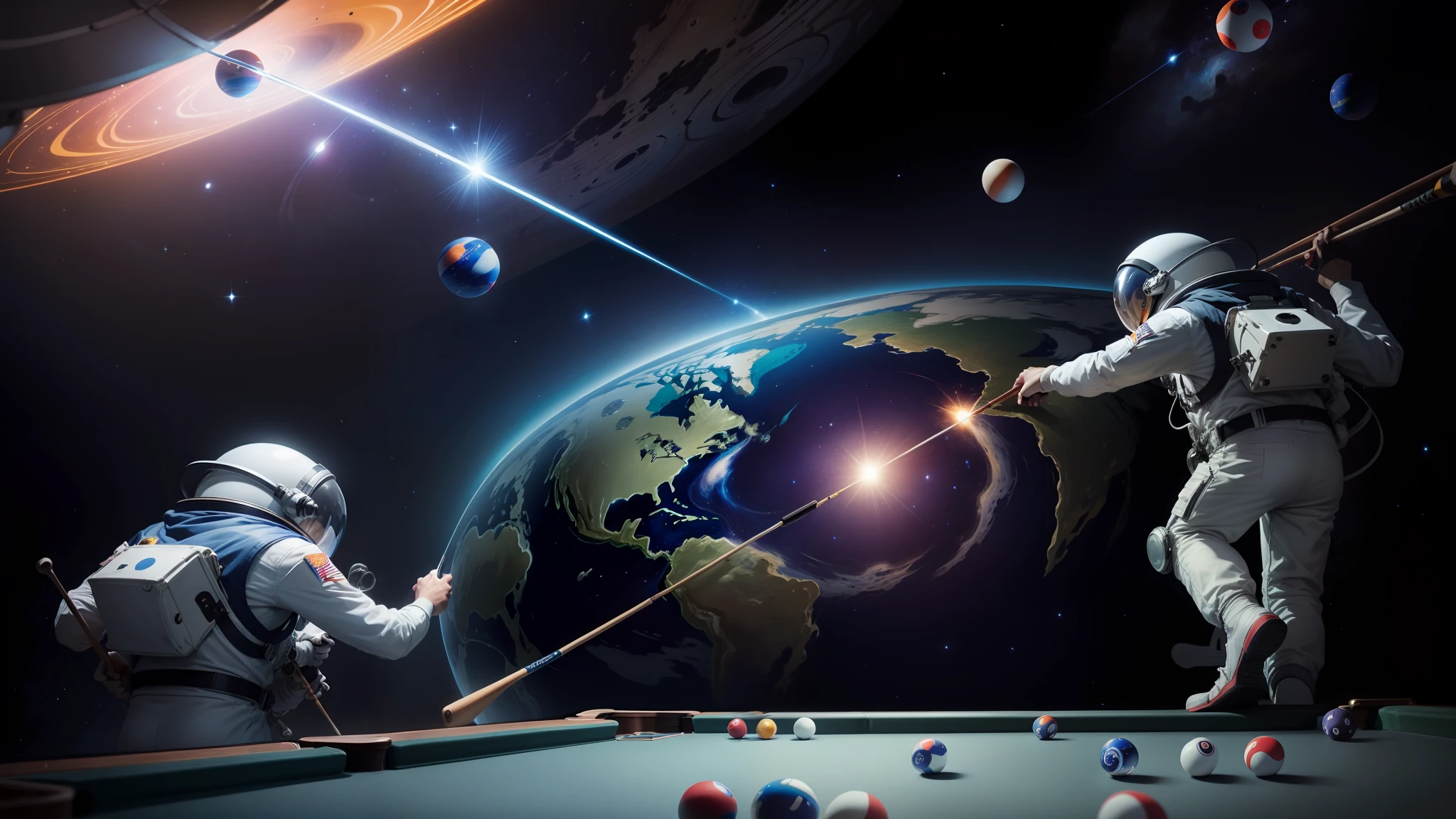 Draw a space-themed mural with billiard balls and astronauts, space themed, space graphics art in background,cosmic space, hand painted cartoon art style, mural art, outerspace, space backdrop, space galaxy, spacewalk, Space art, In space, Wall painting, space walk scene, Space scene,In his hand is a billiard cue,Billiards are on the table