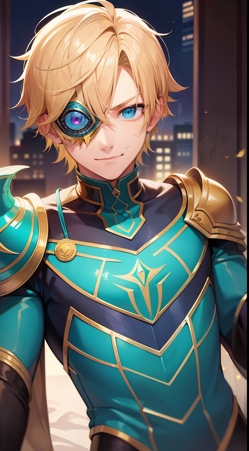 Young guy, short blonde hair, Cyan eyes, Mysterio, smirk, Masterpiece, hiquality