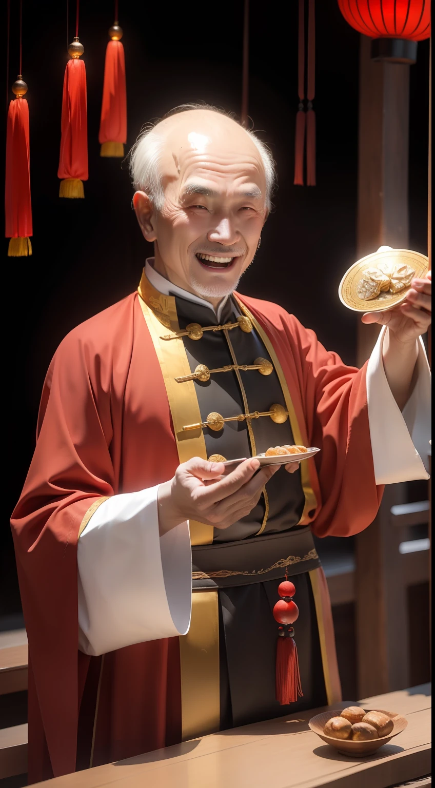 Han Chinese，A balding old man wearing a traditional Chinese cassock，Holding a handful of gold ingots，grin，red colour，jubilation，a cassock，Temple，k hd，真实感，超高分辨率，Prayer beads，fortune，fortune，Wishing you prosperity，money，