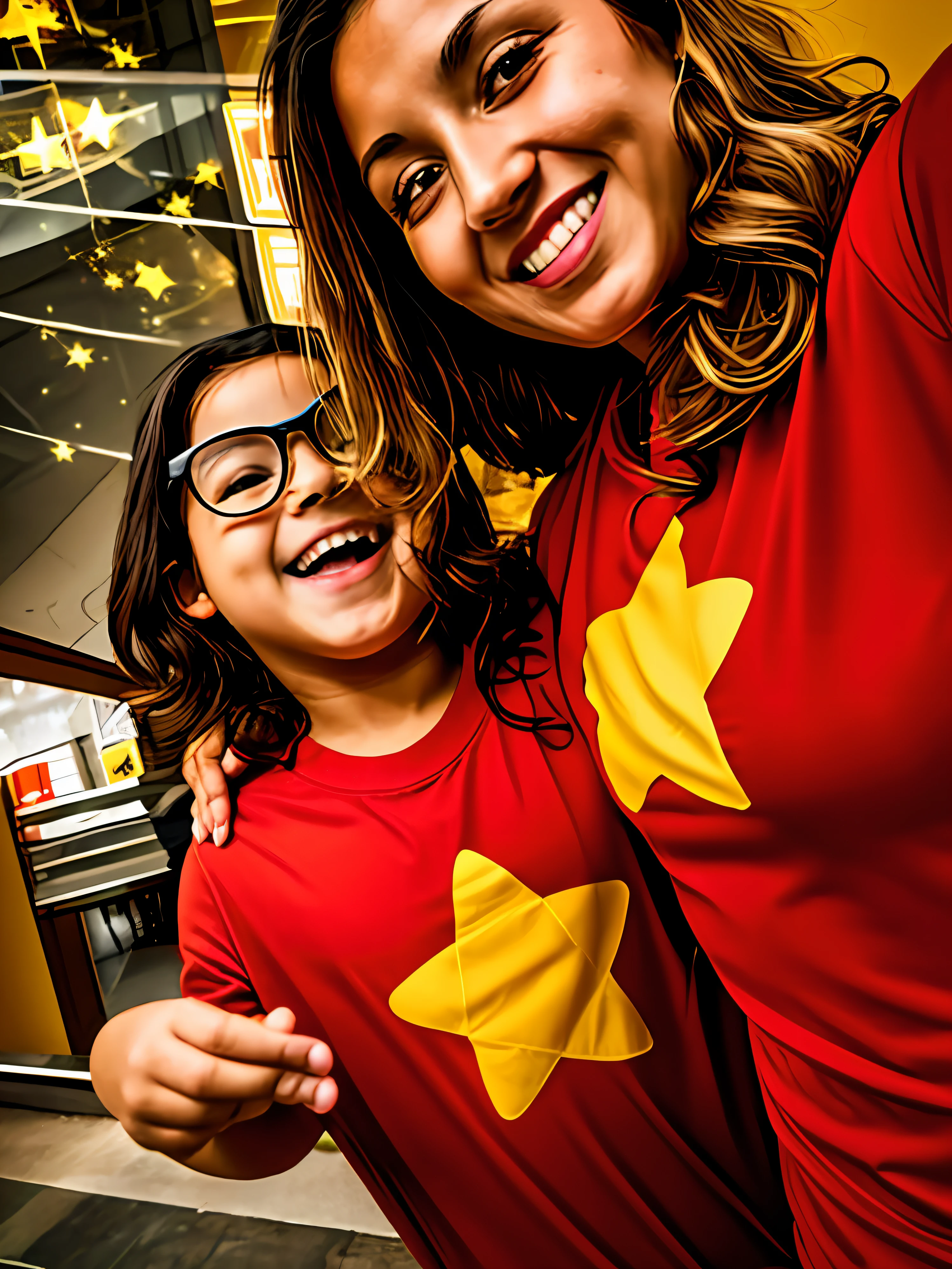 There is a woman and a child in red shirts posing for a photo, wearing red and yellow hero suit, vestindo roupas vermelhas e amarelas, wearing hero costume, foto de perfil, com estrelas, foto do perfil, with a kid, camisa preta com estrela vermelha, posing like a superhero, tirado em um iphone, imagem de perfil, Capturado no iPhone, candid picture, with a happy expression