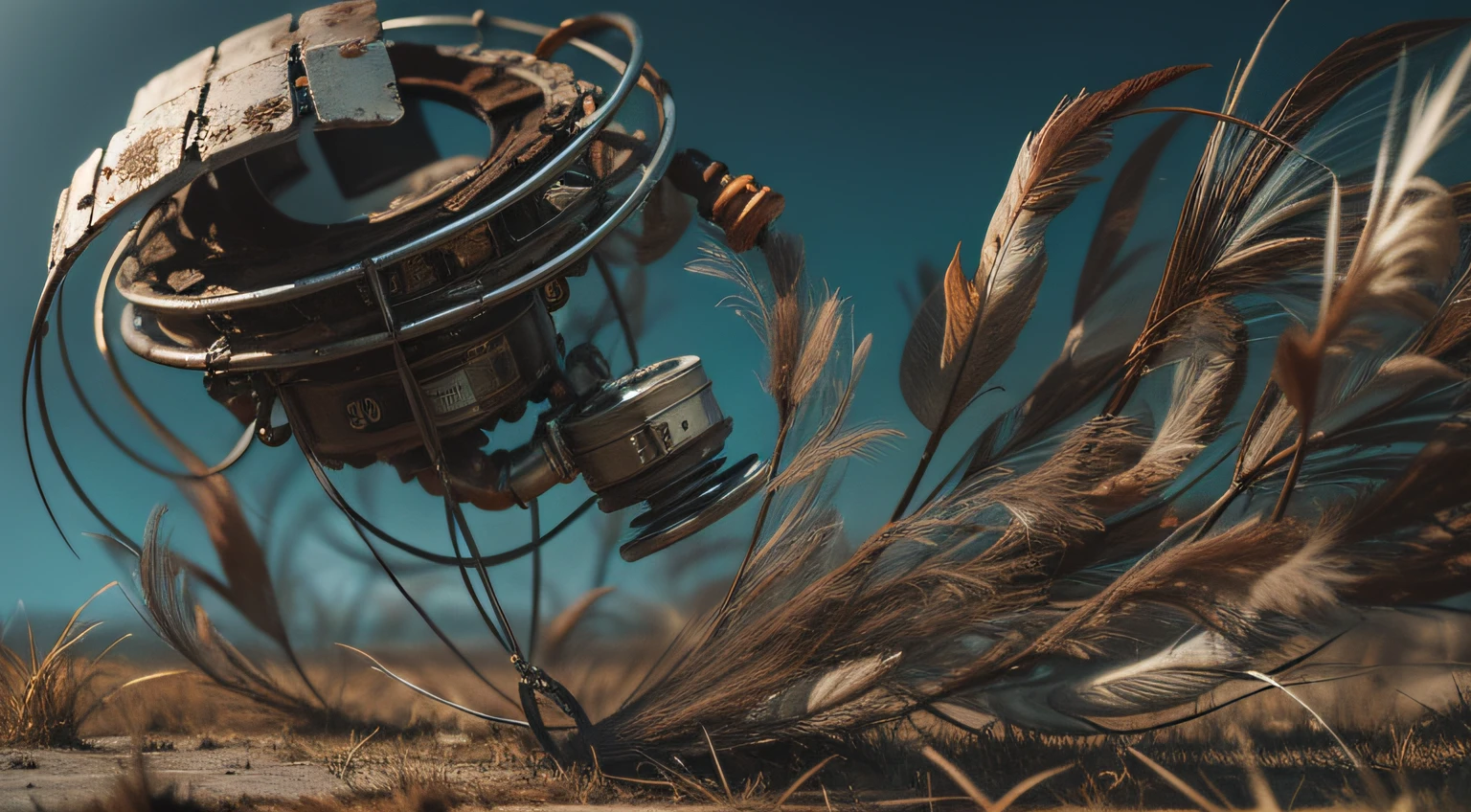 a heavily distorted, dim bounced light barren void, multiple object s comprised of contorted feathers/machinery/pipes/rusted components is floating in the air, desaturated teal colored metal paneling, dead dried brown grass, amorphous dark material is being warped and torn into remnants, extra detail, 4kHD details, best resolution, surrealistic composition, extreme view angle, motion blur, depth of field, foreshortening, tilted view angle, cinematic lighting, movie scene, precise details, intense details, panoramic image, image within image