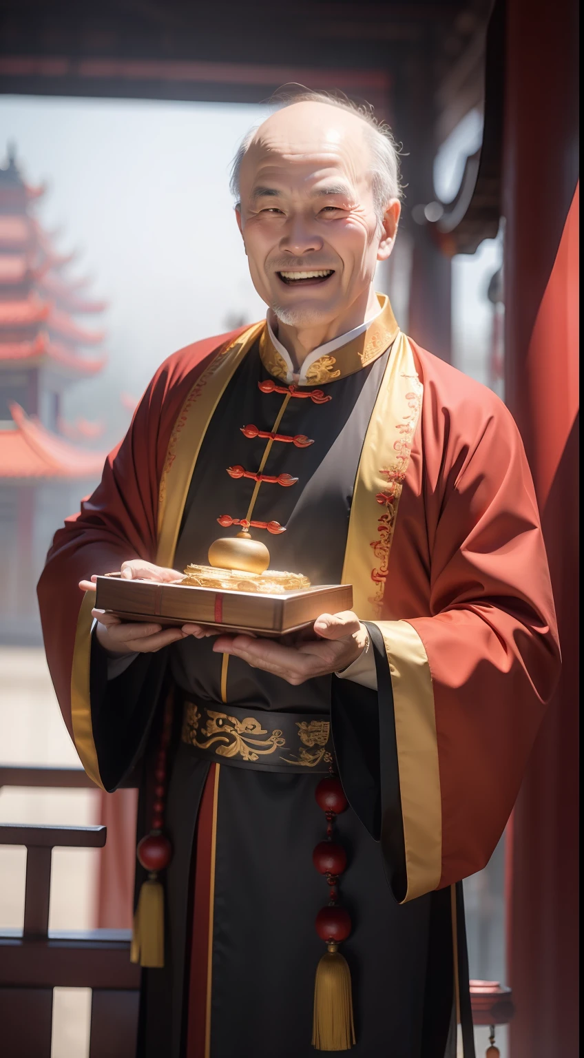 Han Chinese,A balding old man wearing a traditional Chinese cassock,Holding a handful of gold ingots,grin,red colour,jubilation,a cassock,Temple,k hd,真实感,超高分辨率,Prayer beads,fortune,fortune,Wishing you prosperity,money,