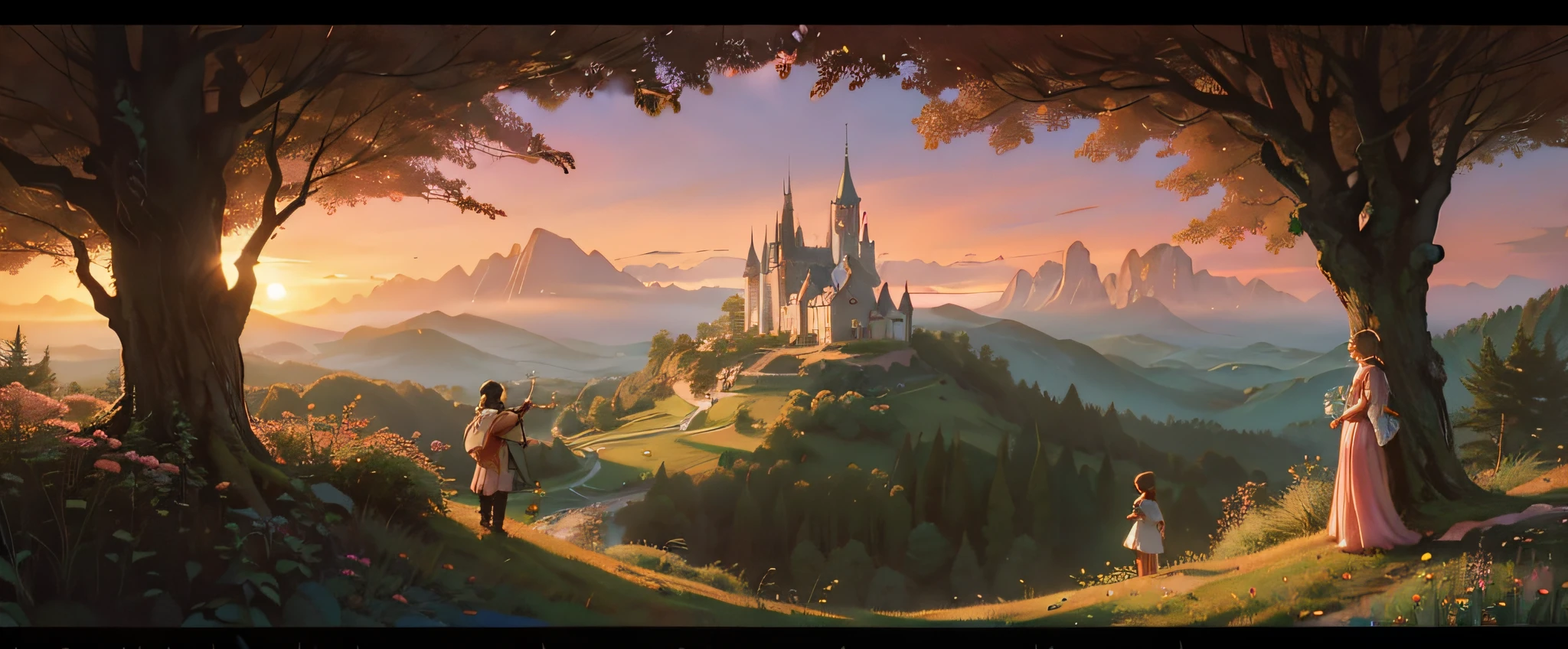 storybook art, conto de fadas, Romantic, pink sunset, Cinderela em uma floresta encantada, Romantic Atmosphere, detalhes intrincados minimalistas, illustration: Anton Pieck, Arthur Wesley Dow, André Kehoe, Artgerm, Greg Rutkowski, e Andreas Rocha