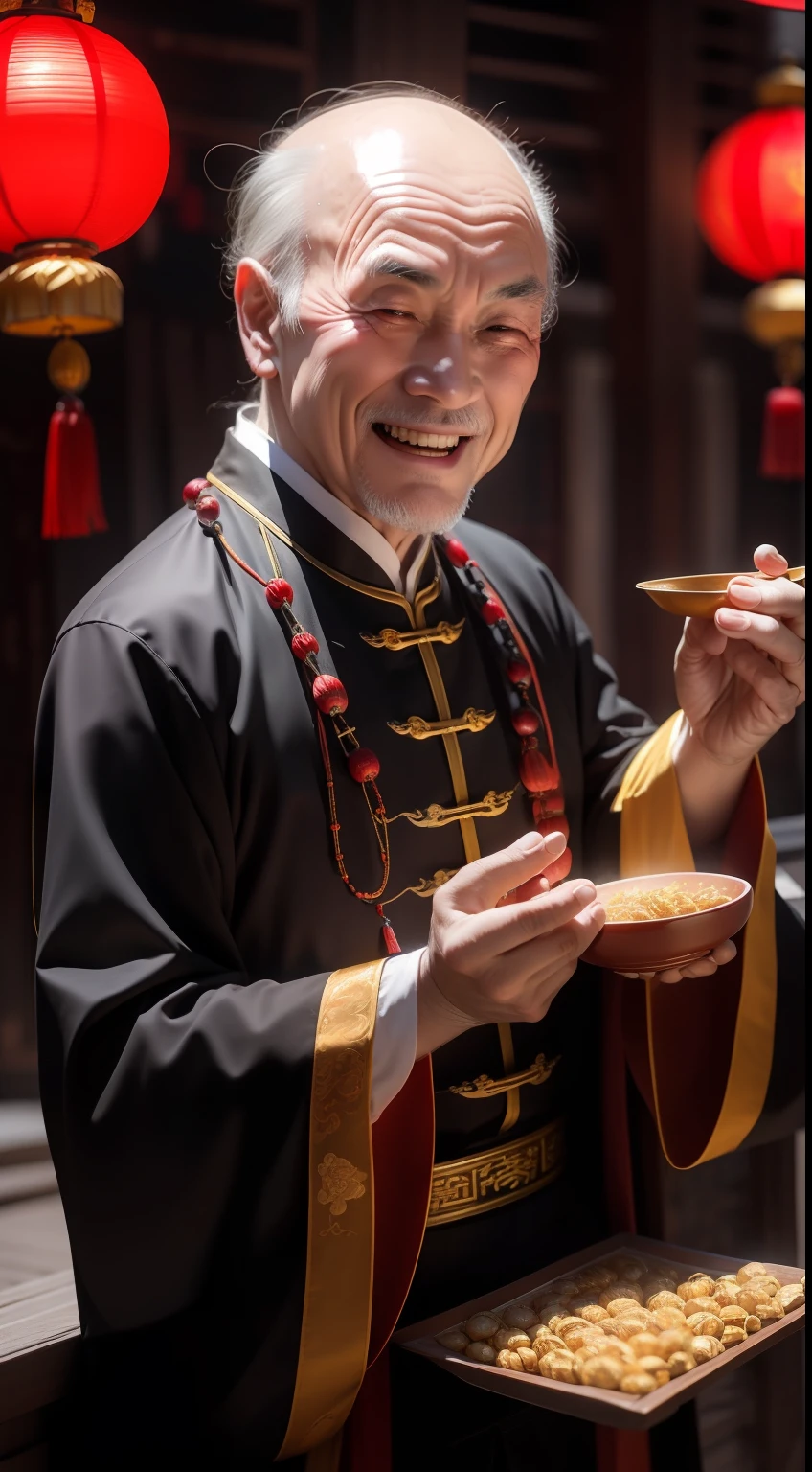 Han Chinese，A balding old man wearing a traditional Chinese cassock，Holding a handful of gold ingots，grin，red colour，jubilation，a cassock，Temple，k hd，真实感，超高分辨率，Prayer beads，fortune，fortune，Wishing you prosperity，money，