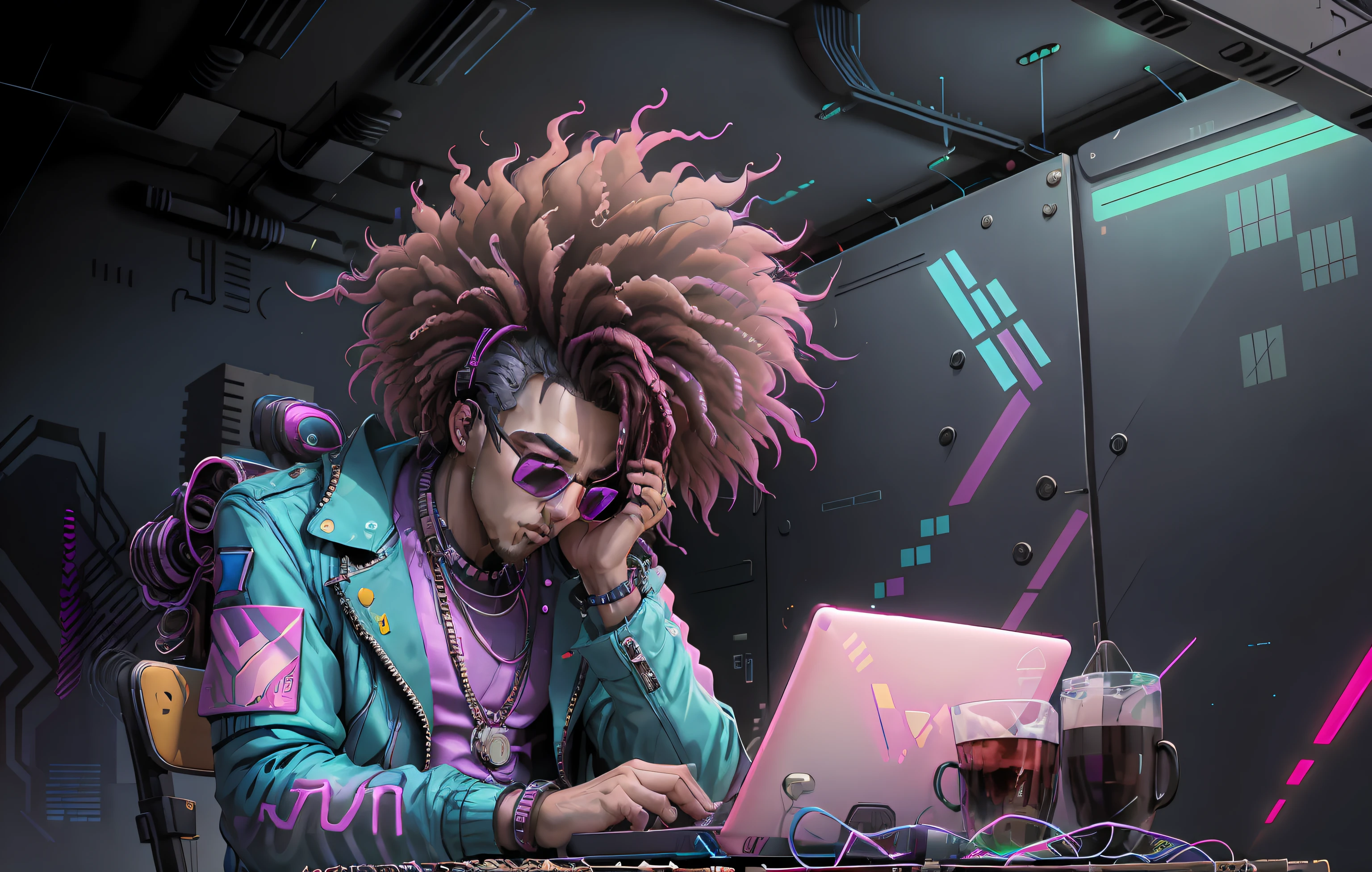 A man with a laptop sits at the table, Vaporwave style, Drawn with Photoshop, Synthwave art style ]!!, Vaporwave Art, [ Synthwave art style ]!! ]!!, in style of digital illustration, [ Synthwave art style ]!!, Synthwave art style, ( ( ( cynthwave ) ) ), Digital Art Style