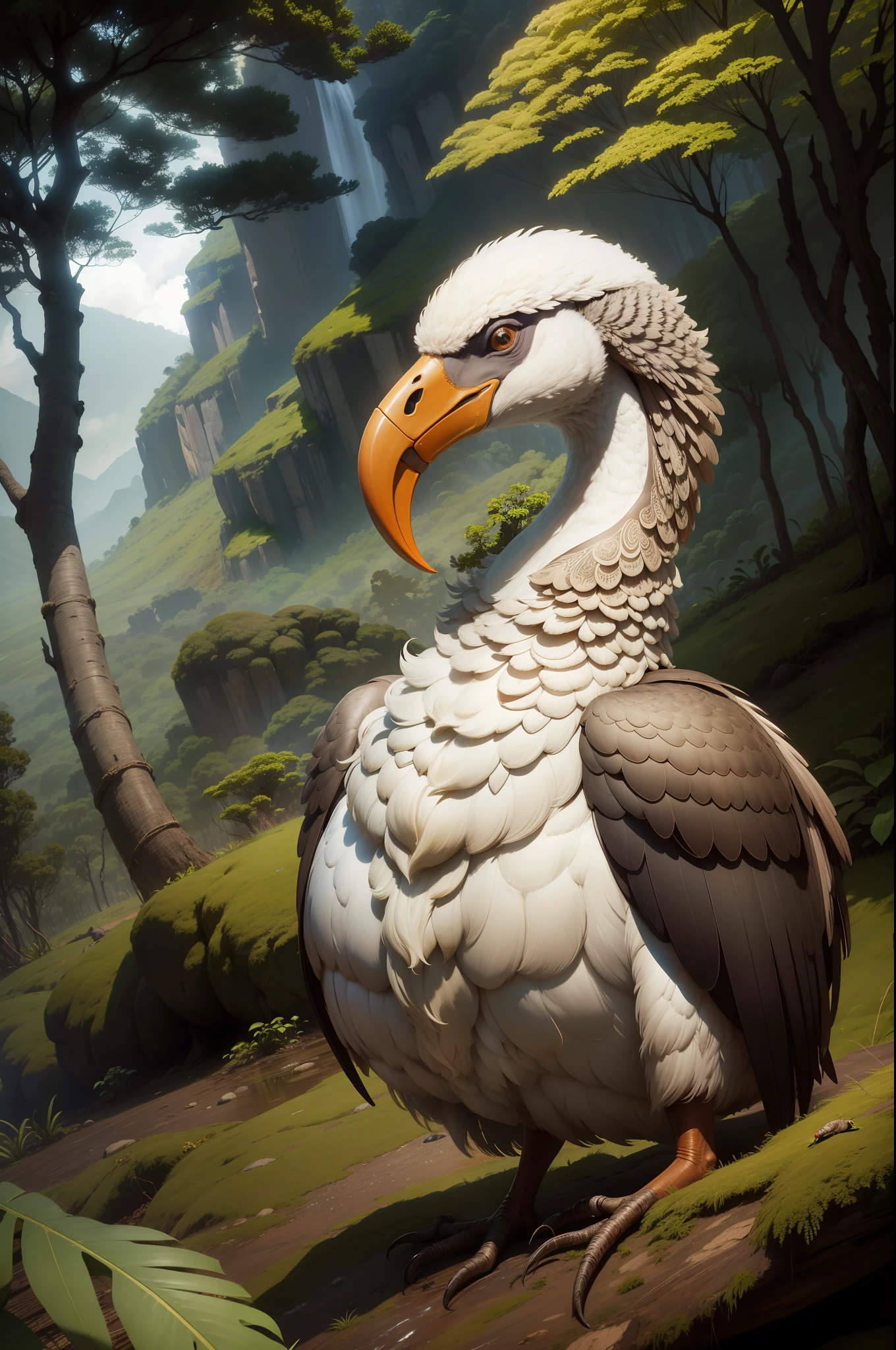 Dodo no meio da floresta com montanhas no fundo