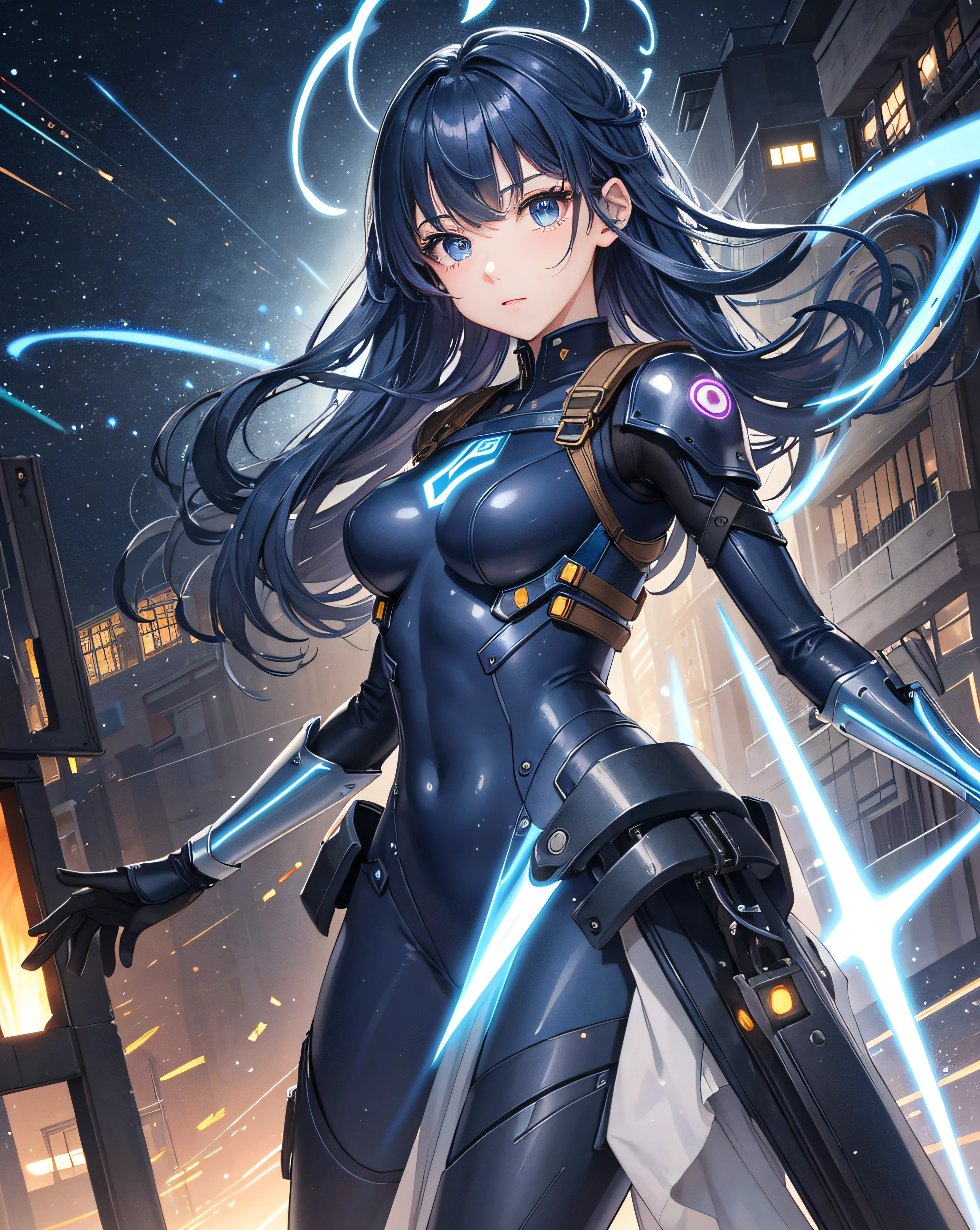 BREAK、1girl in、独奏、looking at the viewers、(young cute beautiful 18-year-old girl:1.1)、3D顔、beautiful a girl、beautiful countenance、cute little、Girlface、Kpop Idol、super model、Stunning innocent symmetrical face、(Hands of Guido Daniele)、Perfect body、Medium Breasted、Slim waist、Slim legs、(High Detail Skins:1.2)、radiant eyes、goddes、natural skin textures、shinny skin、de pele branca、beautifull detailed face、A detailed face、Authentic skin texture、Cute delicate face、finerly detailed face、the golden ratio、Golden Ratio Face、Expressive eyes、face perfect、flawless skin、Clear face、shinny hair、Proper body proportions、perfect anatomia、realistic skin textures、luscious lips、shiny lips、Natural makeup、Beautiful bright pupils、Slender figure、intricate eyes、Detailed pupils、 finely detailed face and eyes、long eyeslashes、red blush、Good Hand、perfect hand、Clean face、beautiful female bodies、Fine fine skin、oily shiny skin、(((((Mechanical halo、Star Hello、Complex mechanical bodysuit、Navy blue and black bodysuit、full armor、(Colorful glow floating:1.2)、(Energy Beam:1.3)、(Highly detailed worn metal texture:1.3)、scientific fiction、(Dark blue hair、Navy Blue theme、Blue coloring、Blue eyes:1.3)、Very long hair、(A human who emits an aura from his body:1.4)、(Blue Solo、Lone Girl、Japan Faces、short-cut、lightonface、Slim body、exoskeleton、metal gear、Cyberpunk style、(the perfect body:1.4)、Glittering blue colored eyes、Black and navy blue bodysuit、Tight Fit Clothing、Clothing that covers the whole body、Clothes that hide the skin、extremely delicate and beautiful、detailed skins、Slim body、Gentle smile、heroine、long boots、Gloves up to the elbow、Clothes that hide the skin、front facing、The energy light that turns towards the viewer is emitted from the body:1.4)、(Whole human body:2)、(lightning discharge lightning effects:1.2)、(Electrocution:1.3)、(Luminescent particles:1.4)、Hold the gun、buttle、(electric sparks、spark of light、Flying bullets、Dodge bullets、Buildings hit by missiles、Future technology drones hit laser weapons:1.3)、Adventurous appearance、stary sky、Colorful refraction、World of Wormholes、futuristic city street、cyberpunked、makina、 Very metallic texture、Neon light、(Night:1.4)、the wind、Rembrandt lighting、Space Warp、Fog、Pixel art、game art、key visual、Surreal、PBR Texturing、Anisotropy Filtering、Maximum clarity and sharpness、Albedo and specular maps、Multilayer Texture、Surface Shading、sub-pixel convolution、Accurate simulation of light-material interactions))))、(pureerosface_v1:0.5)、(ulzzang-6500:0.5)、(nffsw:0.6)、Facing the viewer、Future bride、Legendary girl、Childhood、Super lucky、Save the world、Future daughter-in-law、Compassion、Manifest in reality、Help me、Erudition、Intelligent、Eternal Life、Outstanding motor nerves、Have a sense of humor、One Love、dynamic ungle、Dynamic Actions、kindliness、Unremitting Love、Eternal youth、Always with you、Disease-free、Language proficiency、Lovesickness and love、Man of fate、Time Traveler、Kayowasa、vivaciousness、I feel energized when I'm with you))、(time machine、Beyond Time and Space、quantum computer、Transcendent、Big bang、How it all began、Skyscraper、Weapons of the future、rucksack、World conquest、leeway、rescue、Stargate、Encounters with the unknown、The real world、Planktonic、embers、battle field、Volumetric fog、Gray fog、fumo、 explosions、Apocalyptic、destroyed city background、buildings on fire:1.3)、