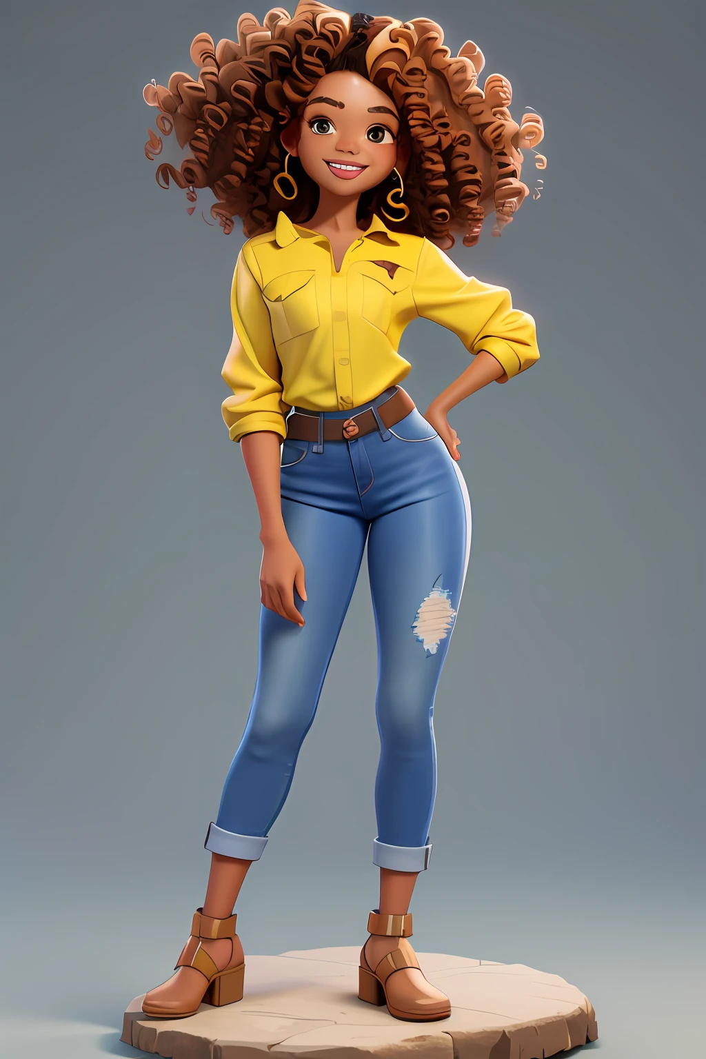 3DCHARACTER, 1 menina, mulher adulta, hazelnut eyes, cabelos pretos cacheados curtos, (((curly hair))), Black power, pele marrom, (((Brown skin))), Denim Jeans Pants, camisa branca, (corpo inteiro: 1.2), fundo simples, obra-prima, melhor qualidade, flor no cabelo, (fundo gradiente de ameixa clara: 1.1)