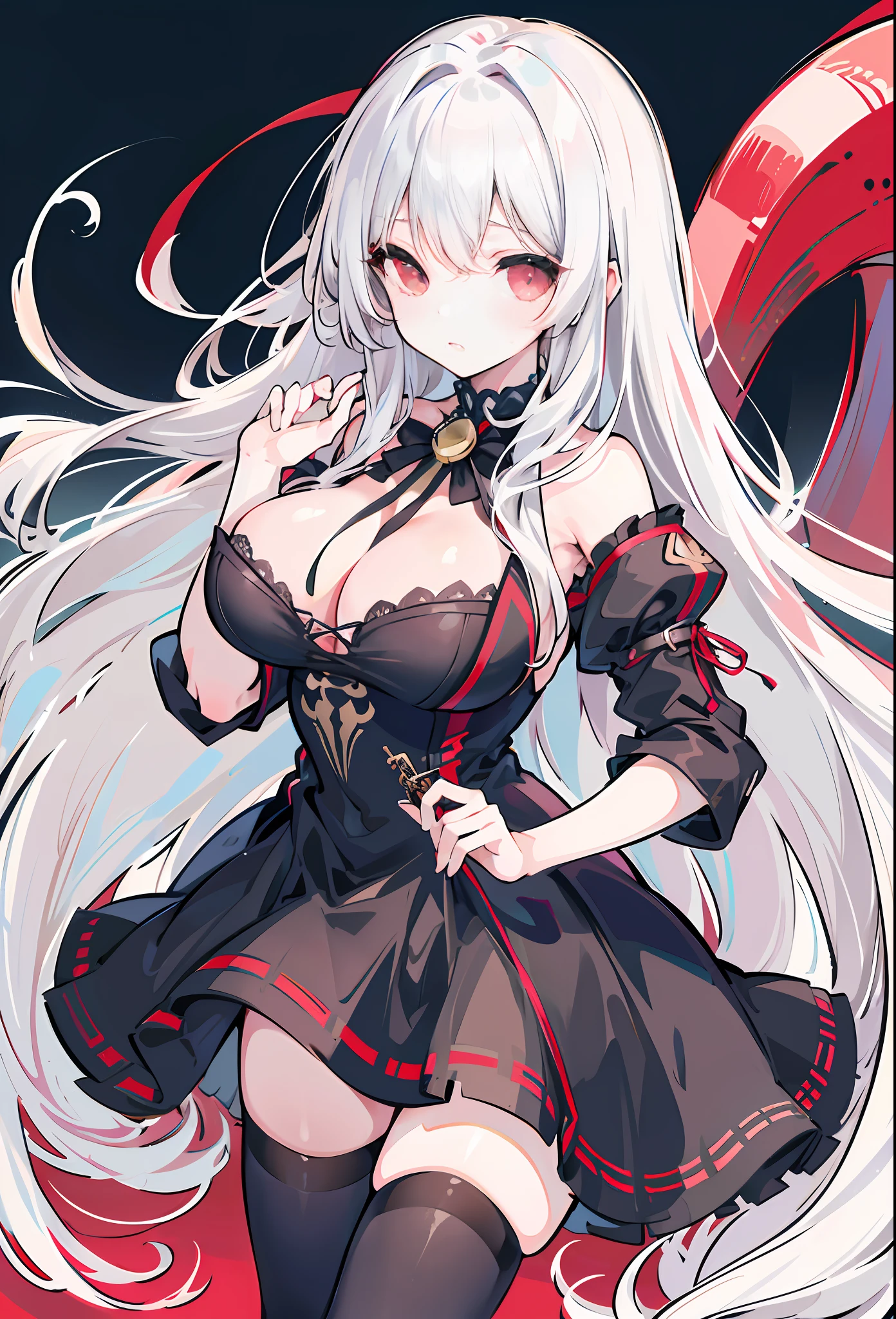 One girl, ((Colossal tits: 1.5)), ((Hi-Res)), ((masuter piece)), ((Best Quality)), (Very detailed)), Large file size, fulcolor, Detailed background, long white hair, Red Eyes, (eye line), Eyes without light, open air, Night, embarassed expression, yandere