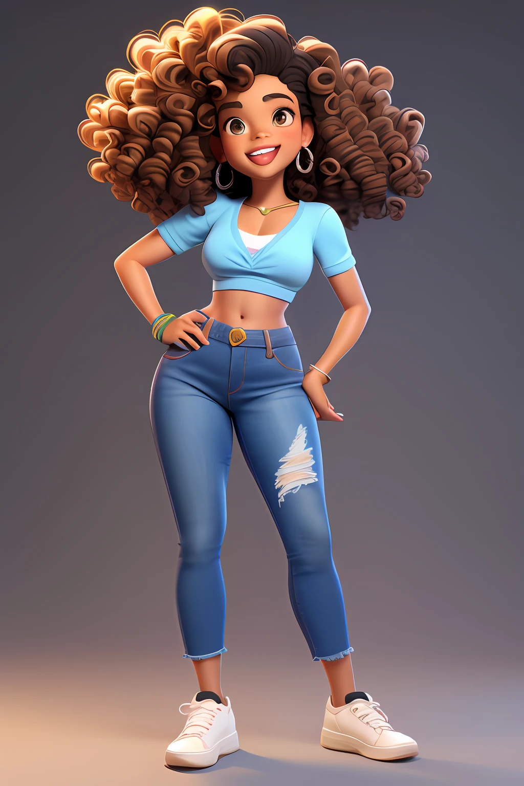 3DCHARACTER, 1 menina, mulher adulta, hazelnut eyes, cabelos pretos cacheados curtos, (((curly hair))), Black power, pele marrom, (((Brown skin))), Denim Jeans Pants, camisa branca, (corpo inteiro: 1.2), fundo simples, obra-prima, melhor qualidade, flor no cabelo, (fundo gradiente de ameixa clara: 1.1)