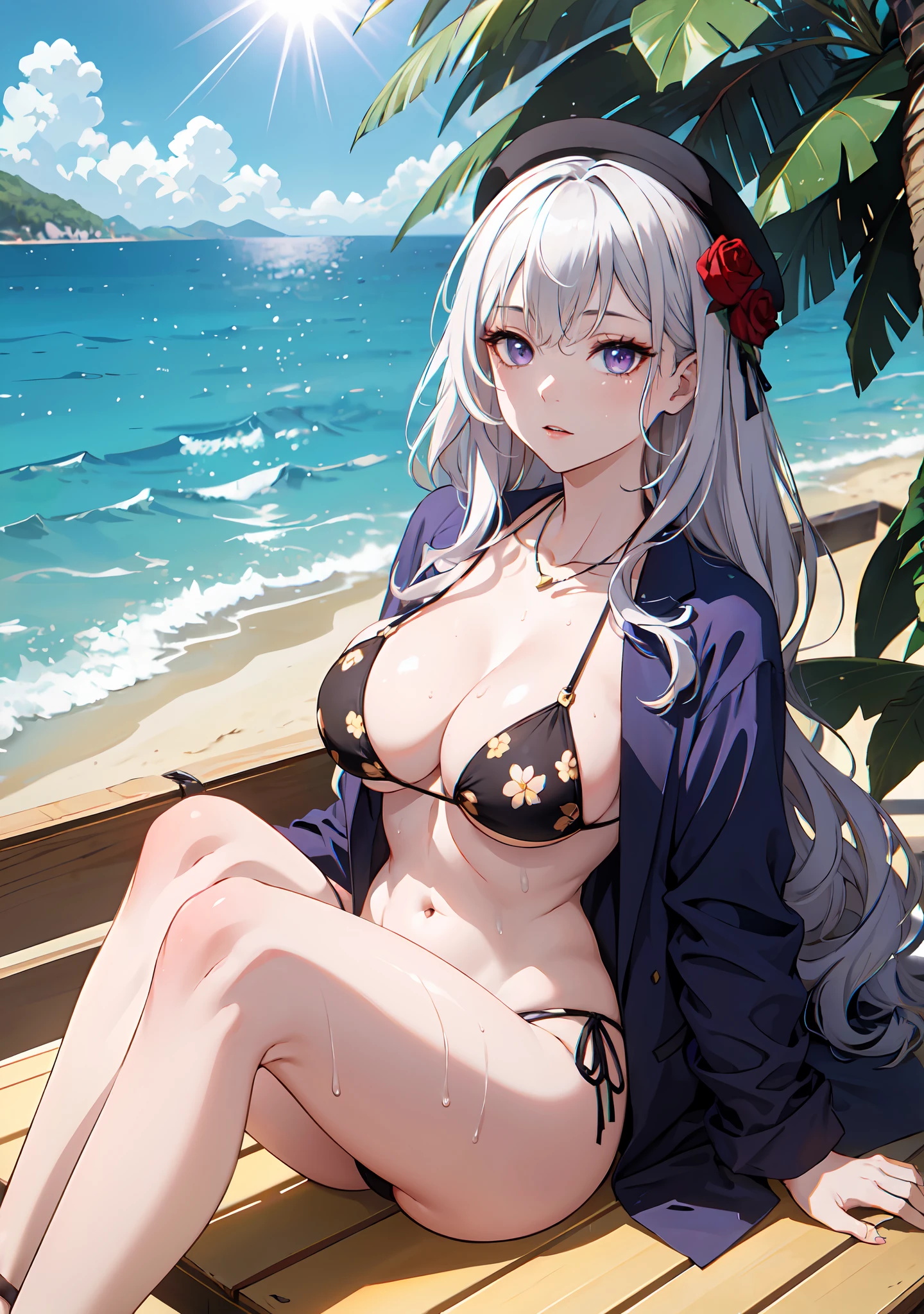 (masterpiece:1.2, best quality), (1lady, solo), Clothing: white floral pattern bikini, wide-brimmed hat, strappy sandals, Accessories: shell necklace, sunglasses, Hair: loose beach waves, white hair, Makeup: natural, glowing skin, Behavior: relaxed, carefree, free-spirited, Location: beach, resort, outdoor festival, purple eyes, average breasts, soaking wet, (beautiful detailed face, beautiful detailed eyes), (sunbeam, sunlight, rose, wind)