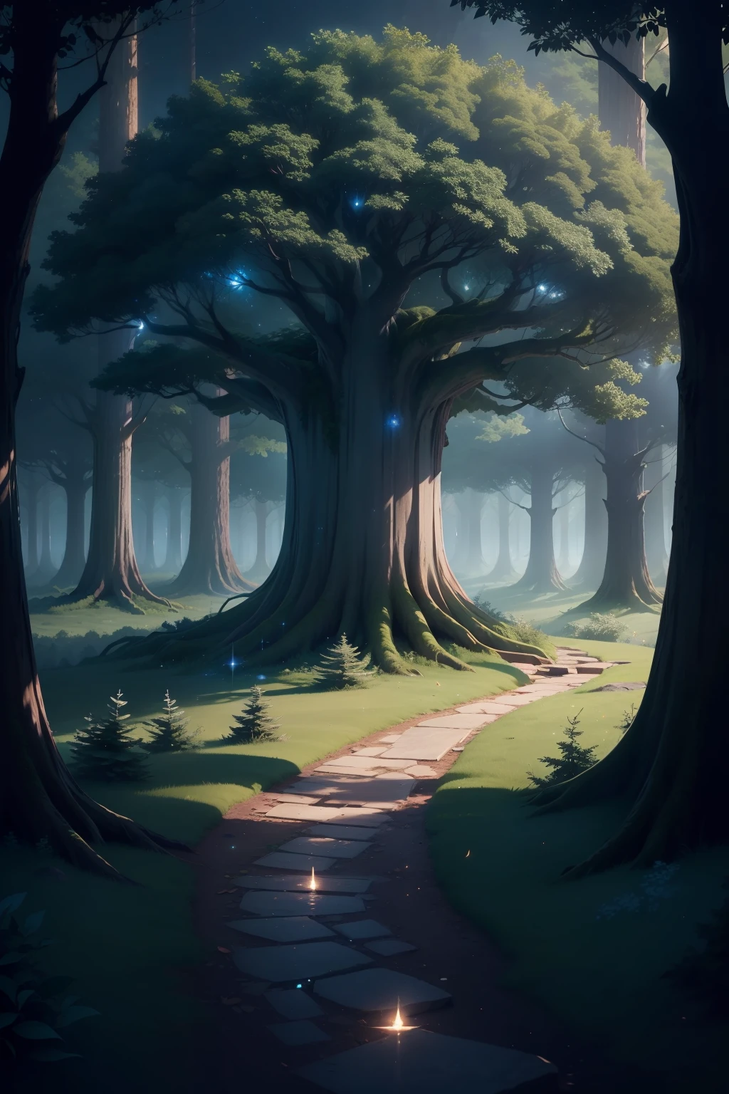 In the distance, a clearing can be seen, revealing a grand tree with silver leaves that emit an ethereal, radiant glow. This is the Moonlight Tree, the source of wisdom and magic in the forest.