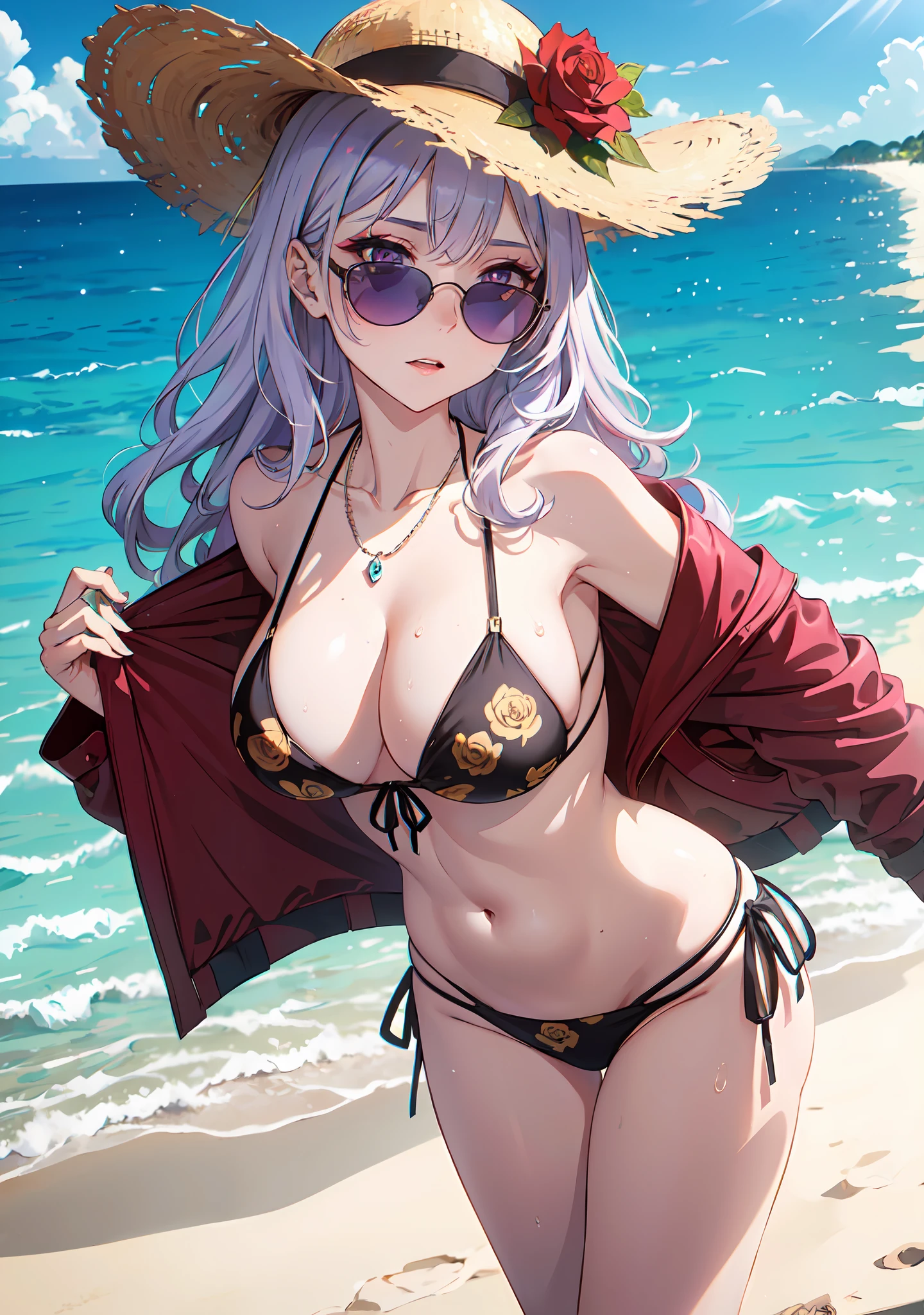 (masterpiece:1.2, best quality), (1lady, solo), Clothing: white floral pattern bikini, wide-brimmed hat, strappy sandals, Accessories: shell necklace, sunglasses, Hair: loose beach waves, white hair, Makeup: natural, glowing skin, Behavior: relaxed, carefree, free-spirited, Location: beach, resort, outdoor festival, purple eyes, average breasts, soaking wet, (beautiful detailed face, beautiful detailed eyes), (sunbeam, sunlight, rose, wind)