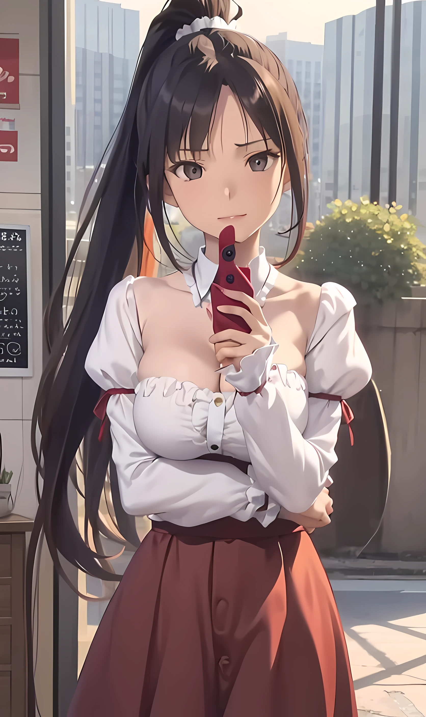 anime girl in a school uniform holding a cell phone, iwakura lain, Realistic Schoolgirl, visual novel cg, anime moe art style, beautiful anime high school girl, nagatoro, shikamimi, Gapmoe Yandere, magical school student uniform, Smooth Anime CG Art, a hyperrealistic schoolgirl, ; visual novel, Hinata Hyuga, (masutepiece, Best Quality, High quality), Detailed, Extremely detailed, Ambient soft lighting, 4K, ornate, (renaissance, Vintage:1.4), Plants, window, 1gril, (Solo:1.4), (A :1.2), Standing, Upper body, (Face Focus:1.2), (very detail hair:1.2), Long hair, long sidelocks, Bangs, (Hair intake, High Ponytail:1.4), deadpan, (Red Eyes, Glaring, contempt, feeling of disgust, Looking at Viewer:1.2), Curve, Huge breaindentation, (Bursting breasts:1.2rra:1.2), diadems, (cleavage, Straplesress, frilly dress, Long skirt, Puffy skirt, Puffy sleevesliet sleeves,g sleeves:1.2), Jewelry,