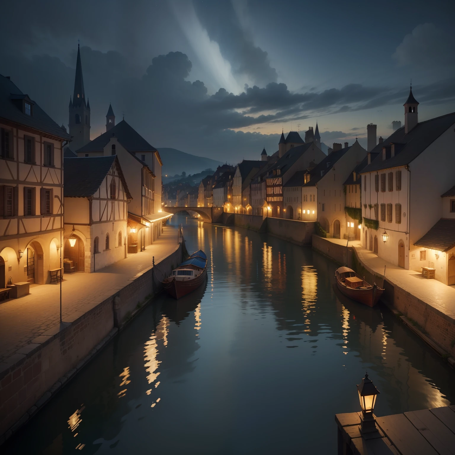 Wallpapers for iPad，View of medieval towns across the river in Europe，You can see the lights inside the town at night，There are boats and residents on the river，There are clear levels of near and far，Have an artistic feel