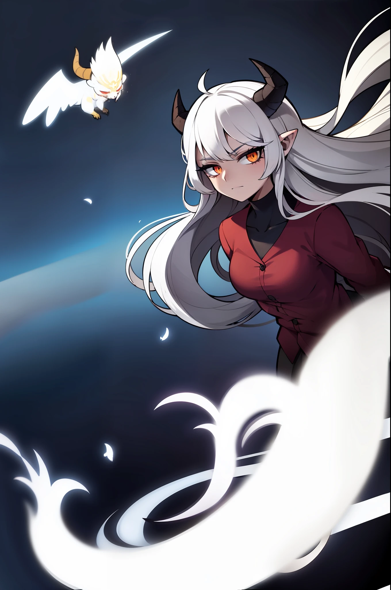 a horned demon with white wings floating between heaven and hell