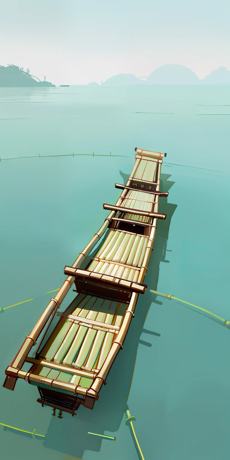 There is a bamboo raft floating on the sea，In a post-apocalyptic world，devoid of any human presence。