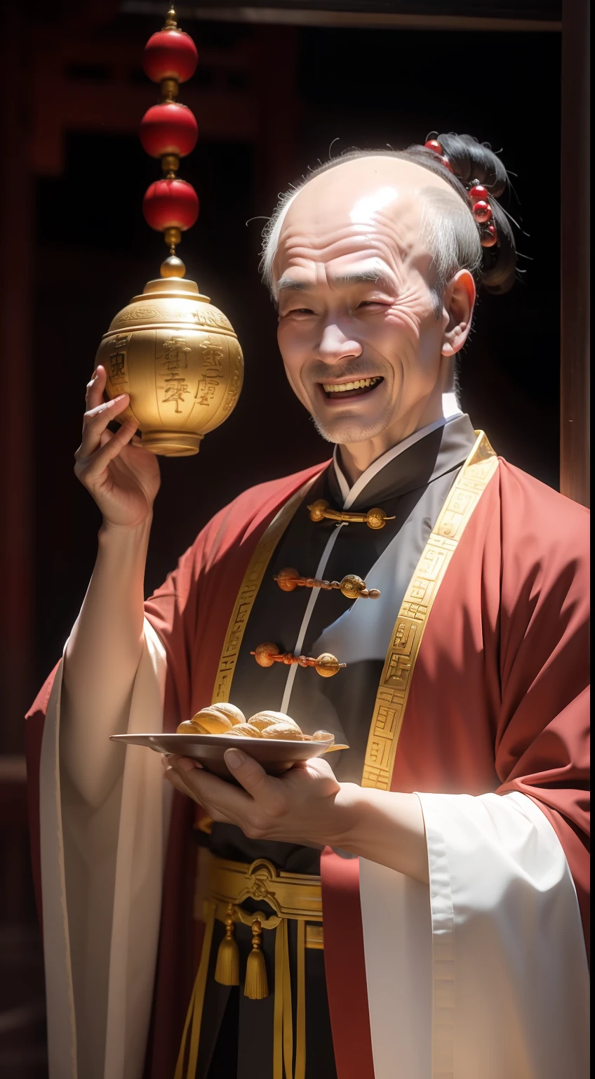 Han Chinese,A balding old man wearing a traditional Chinese cassock,Holding a handful of gold ingots,grin,red colour,jubilation,a cassock,Temple,k hd,真实感,超高分辨率,Prayer beads,fortune,fortune,Wishing you prosperity,money,