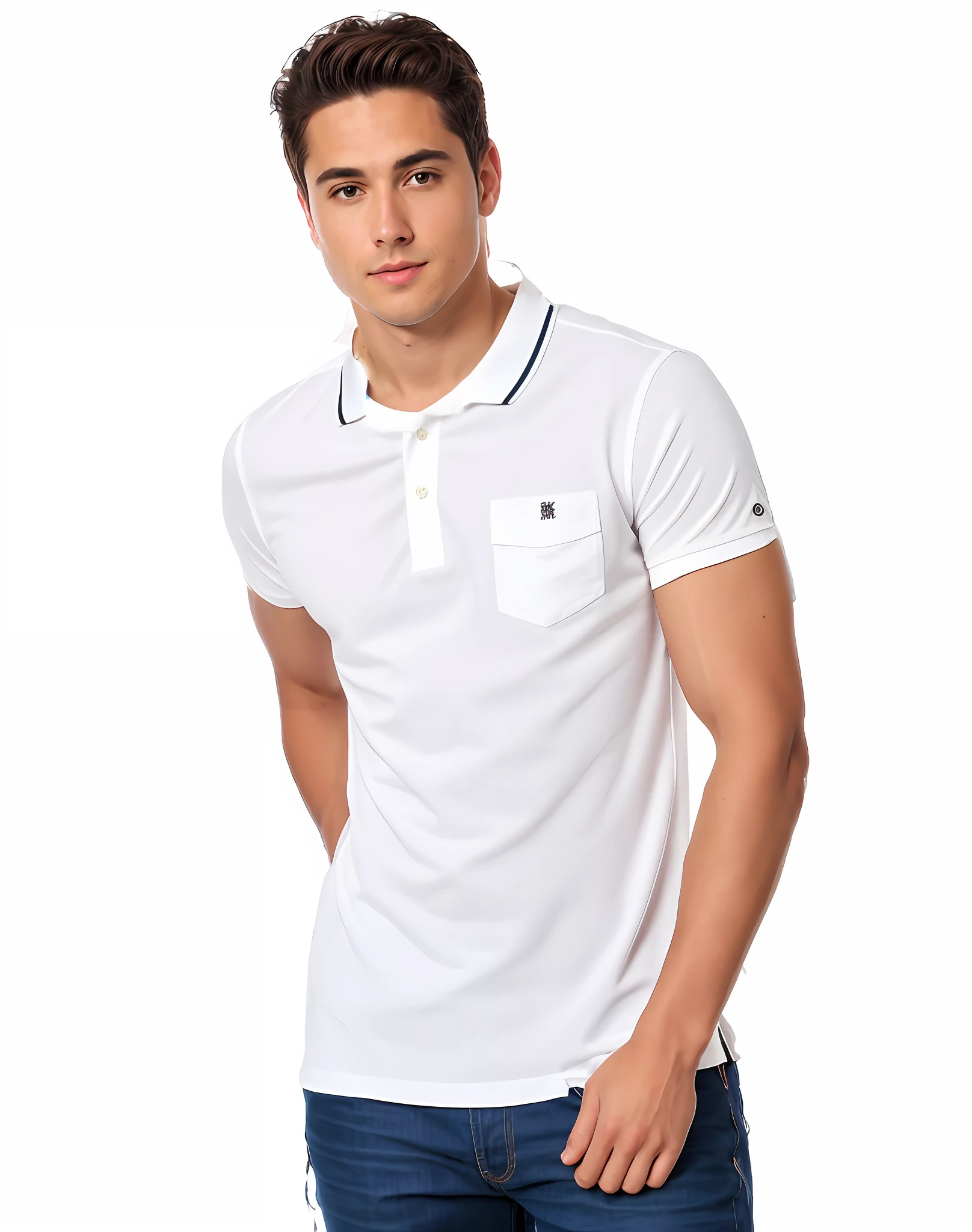 Polo shirt of all white color minimal details, no pocket detail with collar and two buttons.