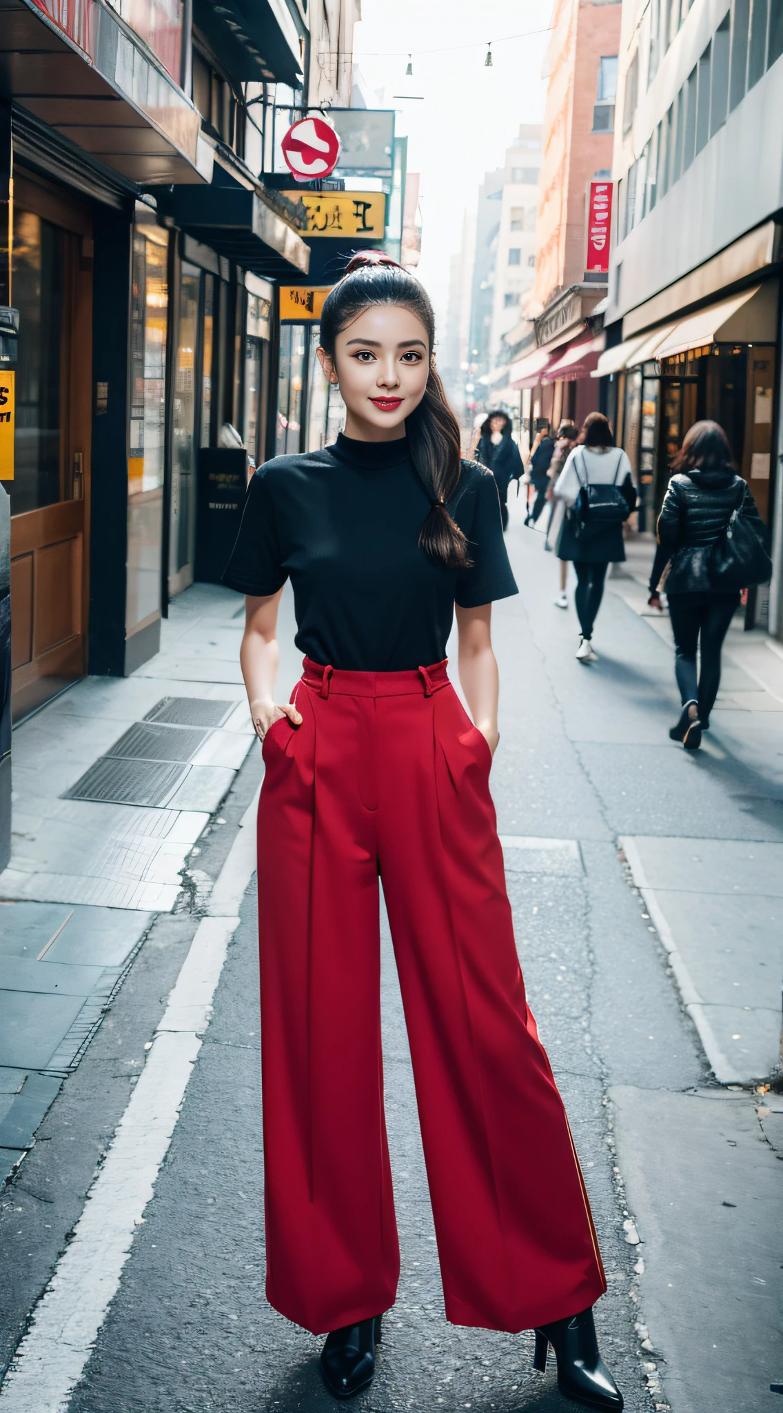 (best qualtiy,8K,32K,tmasterpiece,realisticlying,The is very detailed, hyper HD:1.2), 1girll,Star face,High ponytail,ssmile,The skin is white and red, The eyes are bright and alert,Semi-curved eyebrows, Swallow red lip gloss, Hairpins,Jet black hair,Wide-leg pants,Prominent characters,the street