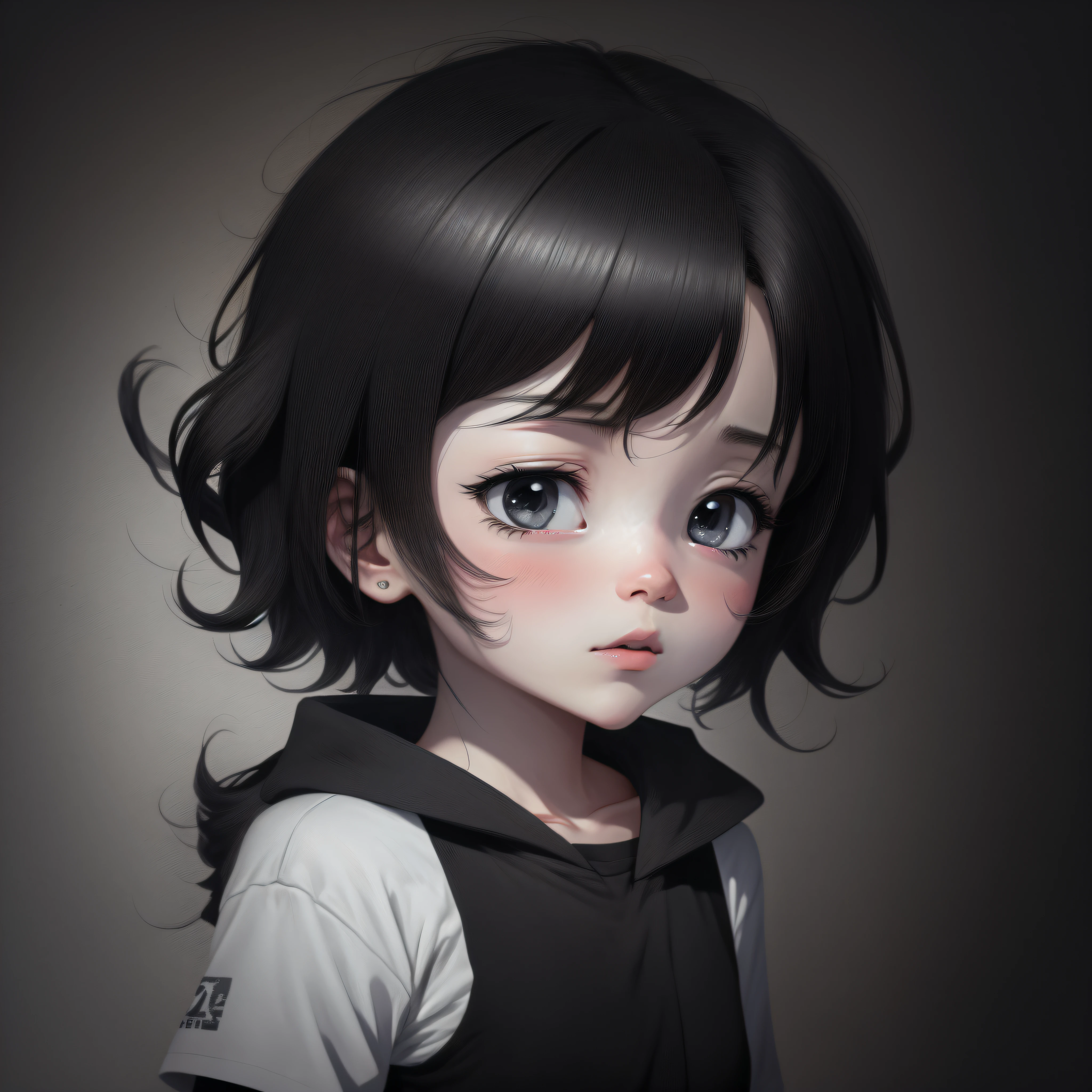 digital illustration, draft, black and white, 2d, Anime girl with black hair and a white shirt,