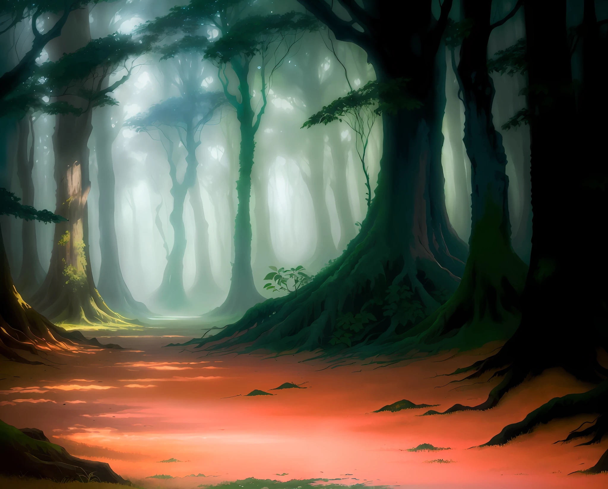 There is a painting of a path in the forest with trees, fundo de fantasia forrest, ambiente florestal de fantasia, Floresta densa misteriosa, baixo detalhamento. Pintura digital, floresta misteriosa, fundo da floresta da fantasia, paisagem da floresta da fantasia, Uma floresta de fantasia, desmatamento florestal, magical forest backround, floresta da fantasia, arte de fundo, Pintura digital de fantasia, floresta assustadora, paisagem de limpeza florestal, pintura digital muito detalhada