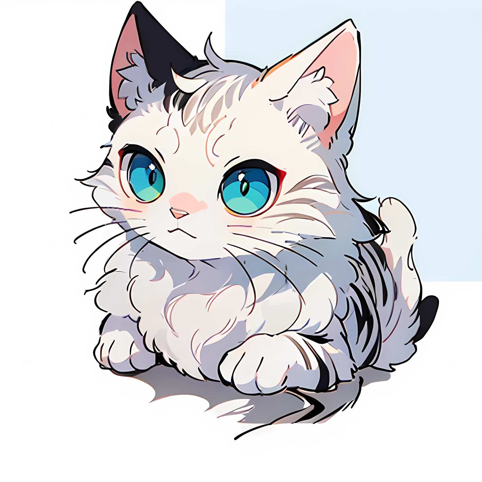 high resolution, 2D line art logo, white mackerel cat, white tabby cat, pale blue background, minimalistic and simple logo, smooth vector illustration, monochrome,