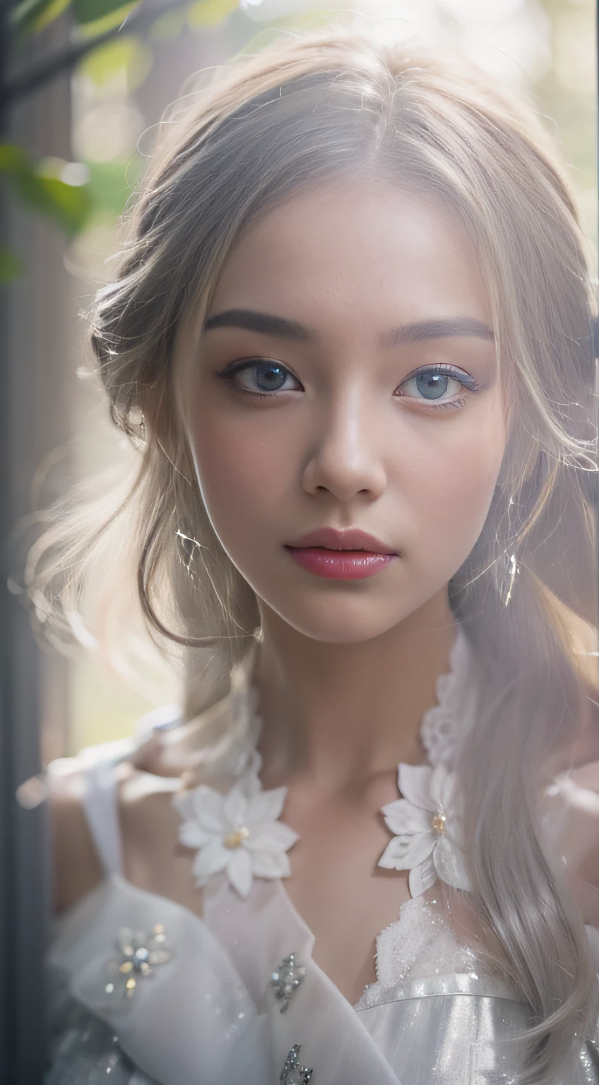 a masterpiece with the best quality and ultra details featuring a stunning lady wearing an elegant silver white dress. She has beautiful eyes and a pretty face. The photo should be set in a forest background with sunlight, captured in high-resolution 8k