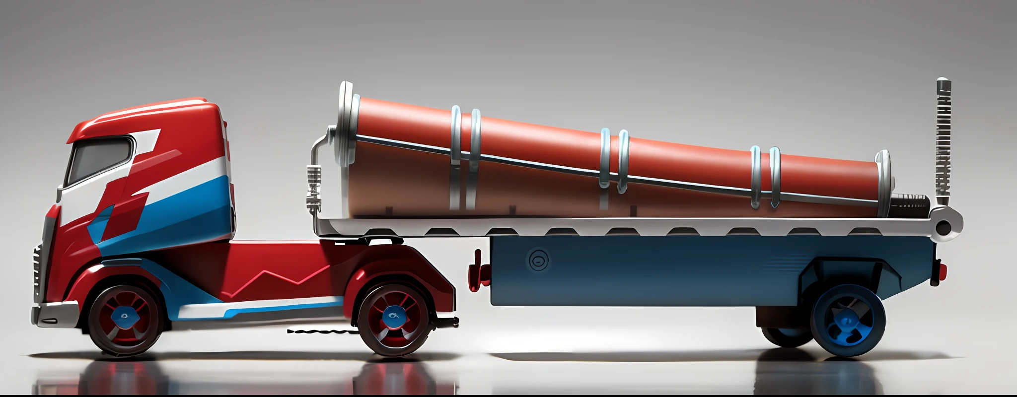Close-up of toy truck with trailer attached, side - view, the sideview, Clear lines,, side perspective, captain america,The pipe is printed with a pattern,tmasterpiece,k hd,Best image quality
