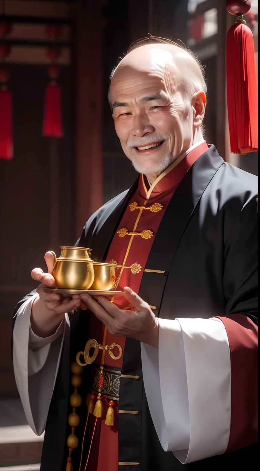 Han Chinese,A balding old man wearing a traditional Chinese cassock,Holding a handful of gold ingots,grin,red colour,jubilation,a cassock,Temple,k hd,真实感,超高分辨率,Prayer beads,fortune,fortune,Wishing you prosperity,money,
