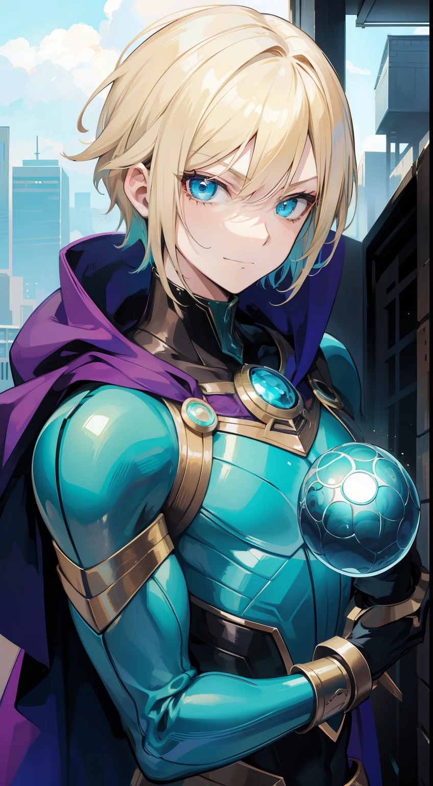 Young guy, short blonde hair, Cyan eyes, Mysterio, smirk, Masterpiece, hiquality